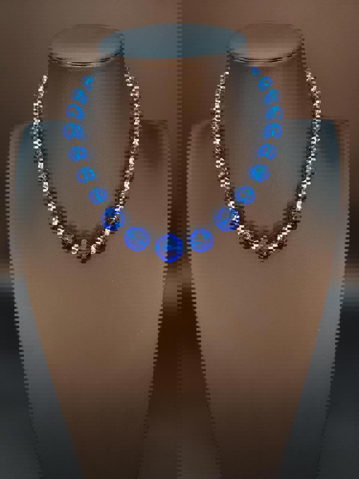 Vintage Cobalt Blue Uranium Czech Glass Necklace: Czechoslovakia Marked Clasp