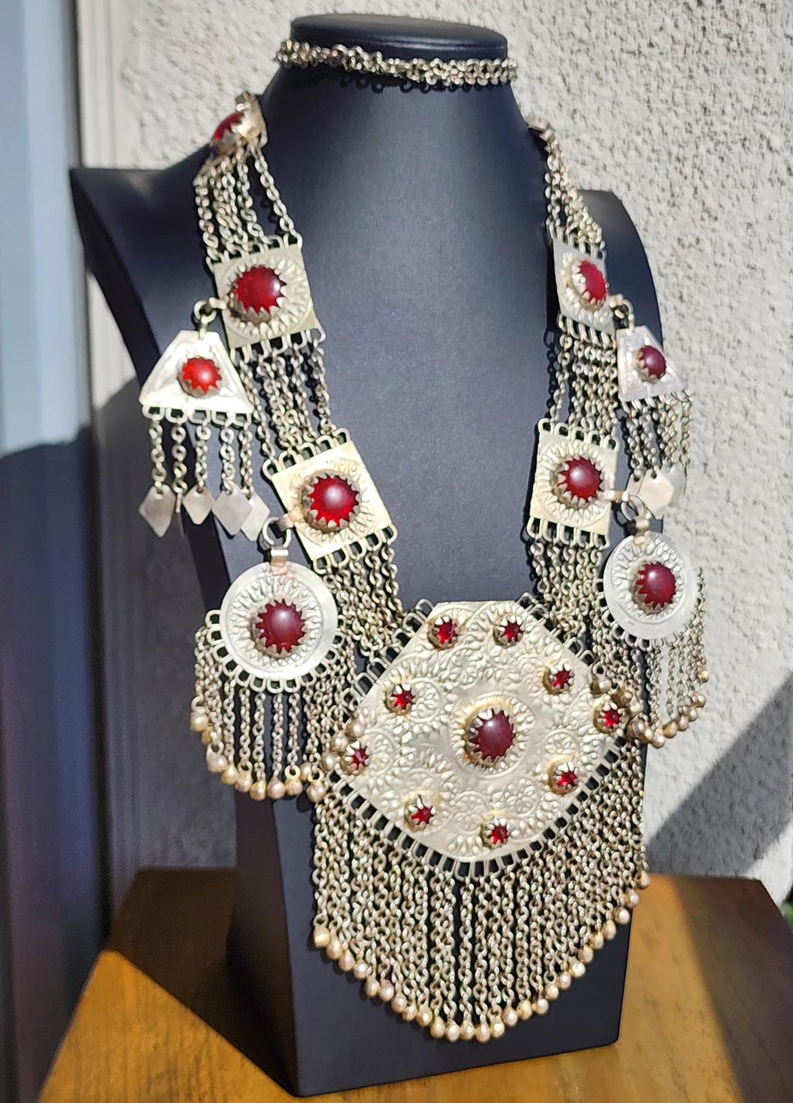 Vintage Turkmen Tribal Silver Carnelian Necklace 344g 11 Pendants Afghan Kuchi