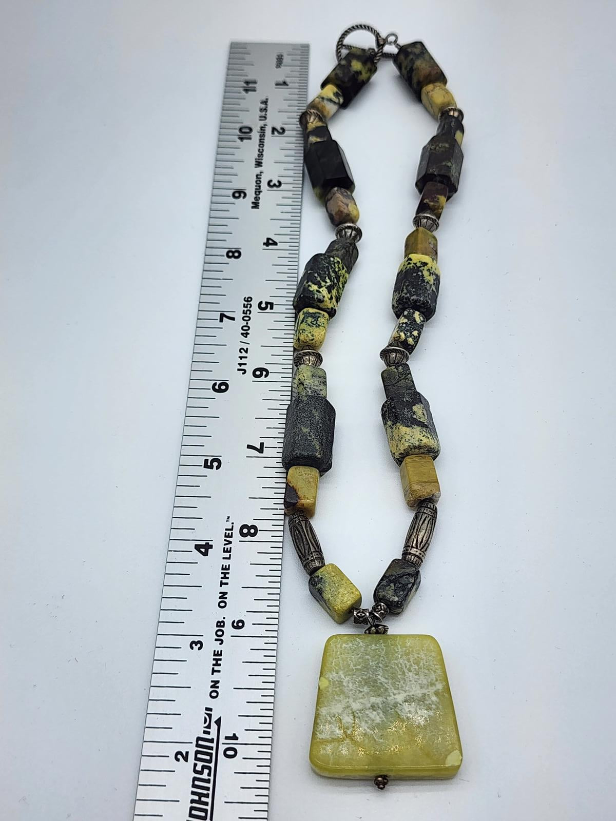 Yellow Turquoise Yellow Jade Pendant Necklace 21" Black Matrix Southwest Heavy