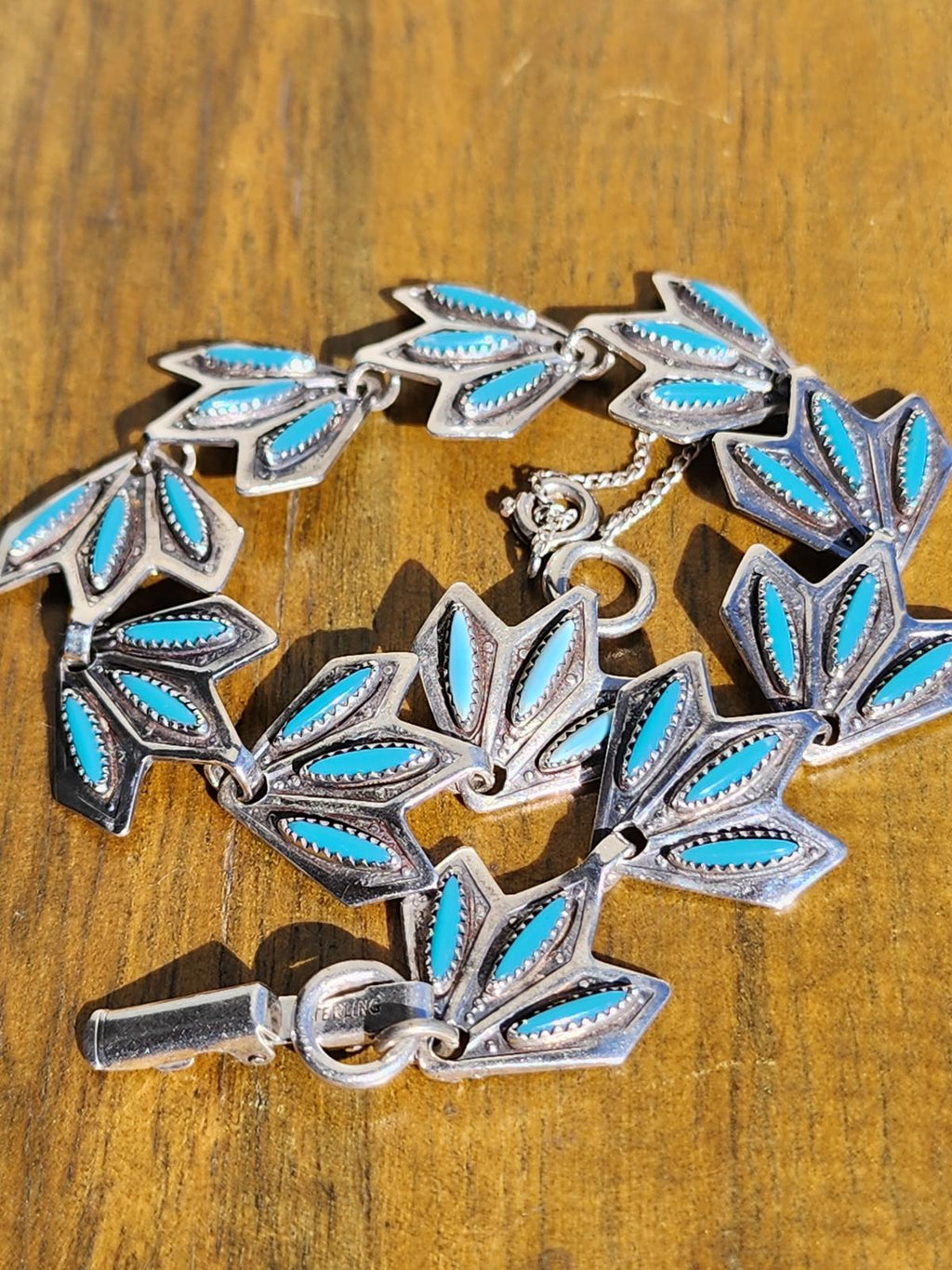 Vintage Zuni Sterling Turquoise Inlay Leaf Link Bracelet Genuine Navajo Silver