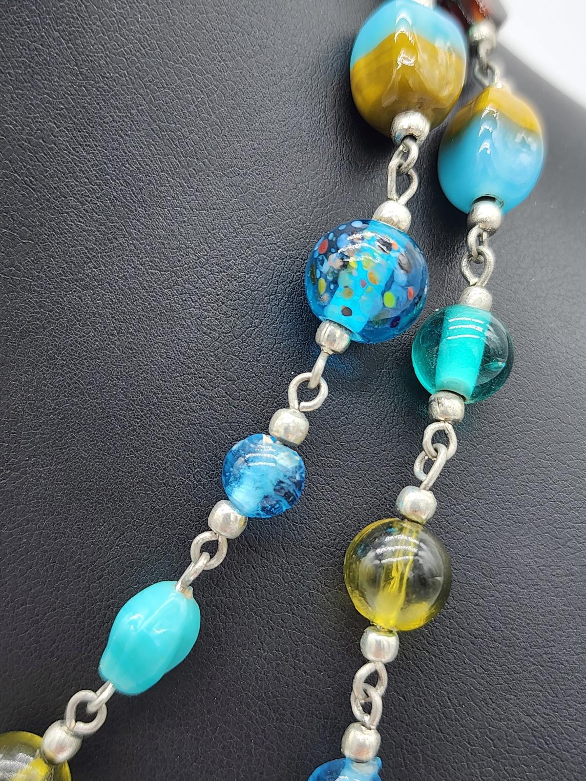 Artisan Lampwork Glass Necklace Murano Style Aqua Teal Blue Y2K Frit Beads