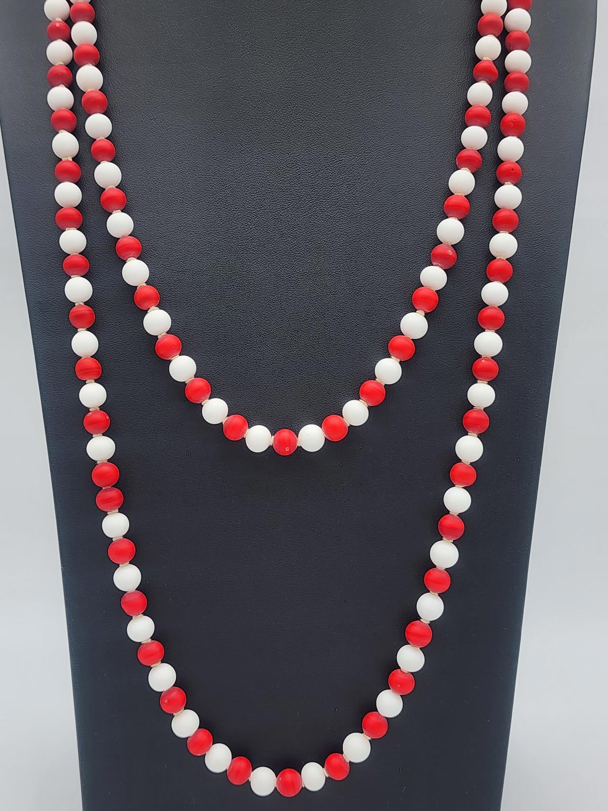 Vintage Marked Japan Cherry Swirl Glass Necklace | UV Reactive 62" Cadmium 1950s