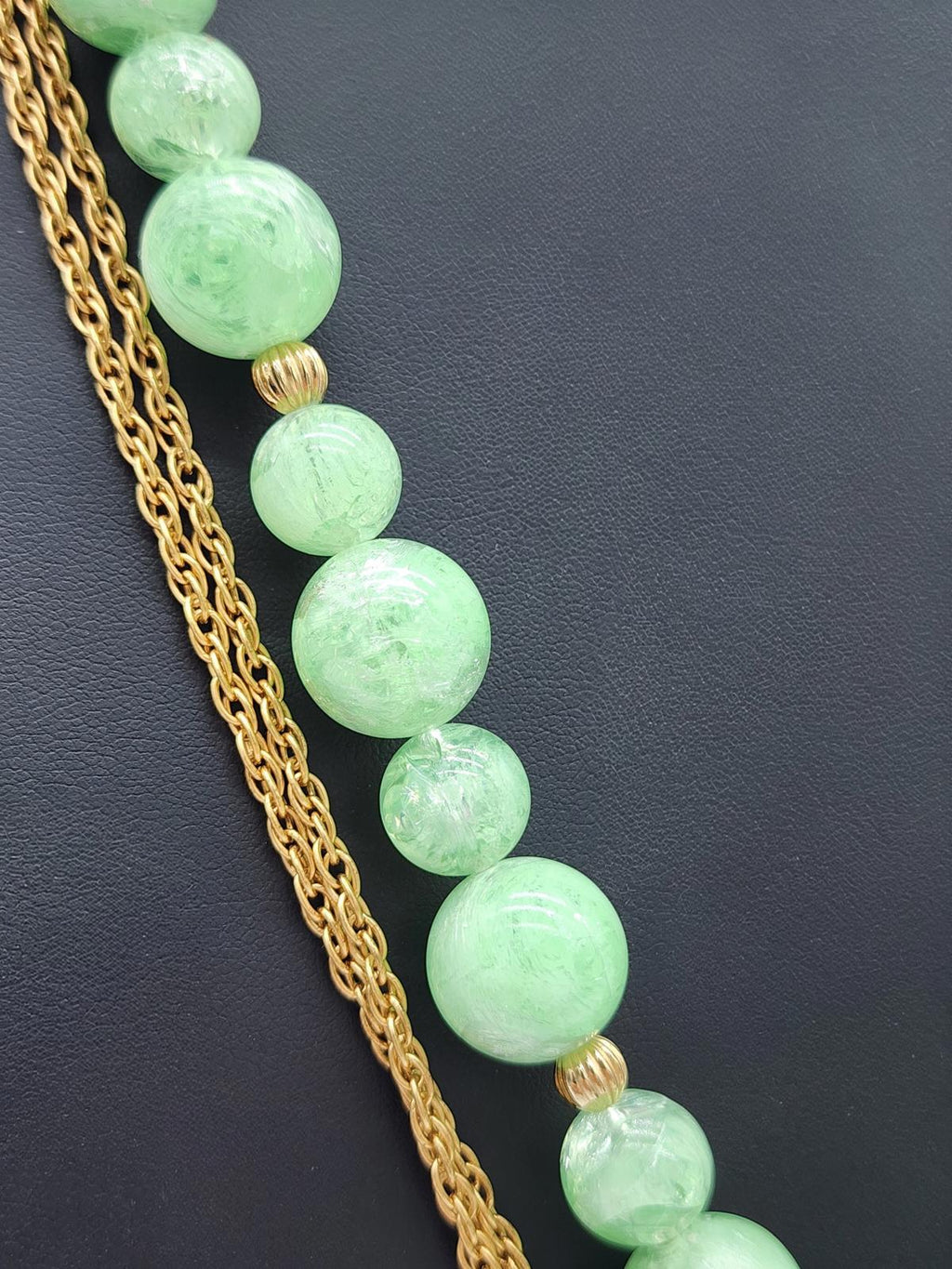 Lucite Peking Glass Style Jade Green & Gold Tone Necklace Lavalier Pendant