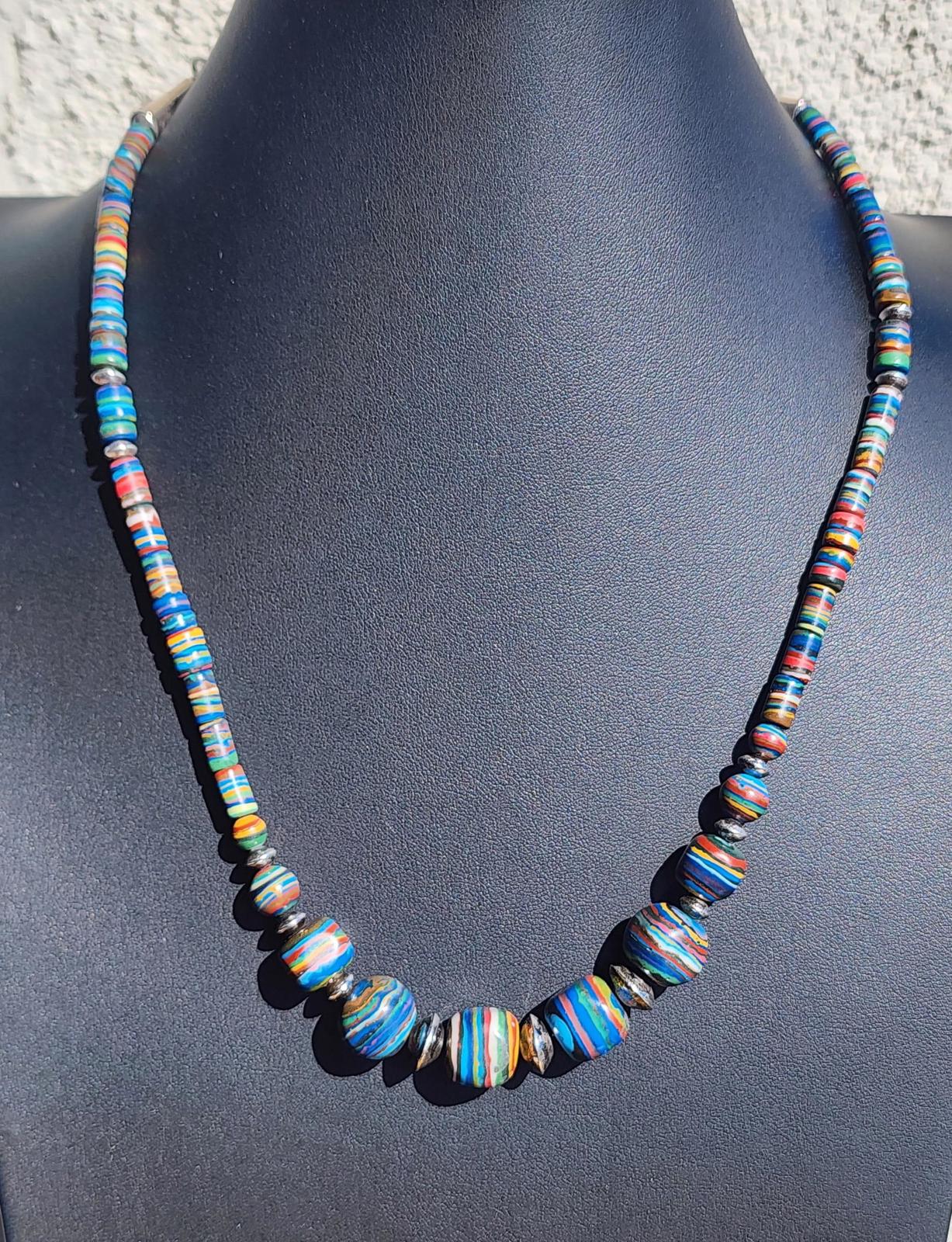 Running Bear Signed Sterling Rainbow Calsilica Bead Necklace Navajo Pearls 22in