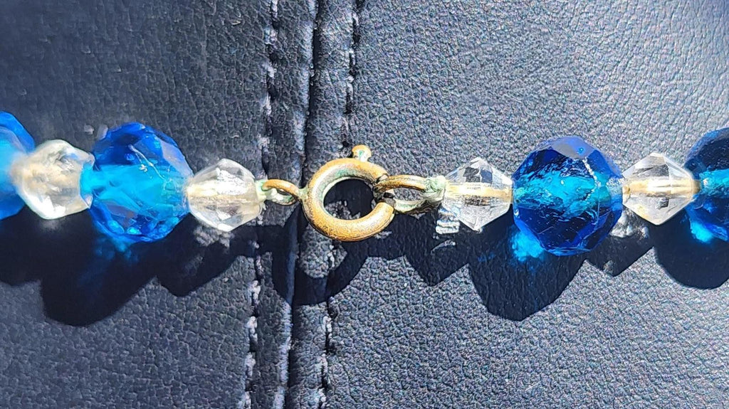 Vintage Cobalt Blue Uranium Czech Glass Necklace: Czechoslovakia Marked Clasp