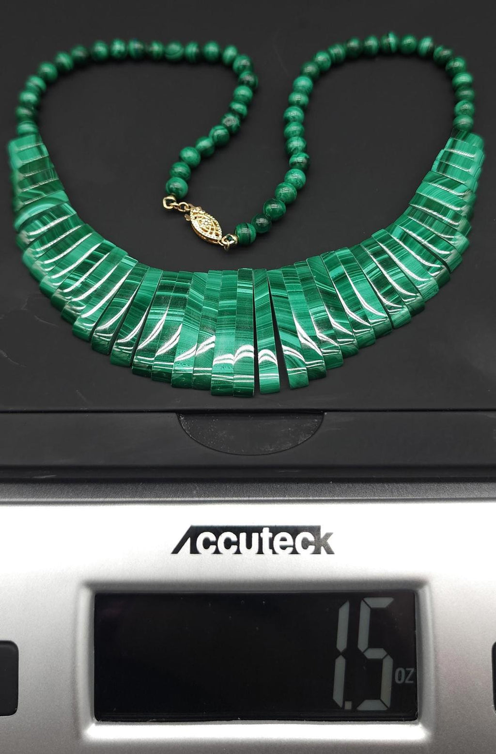 Vintage Malachite Cleopatra Necklace 14K Gold Clasp Real Banded Green Gemstone