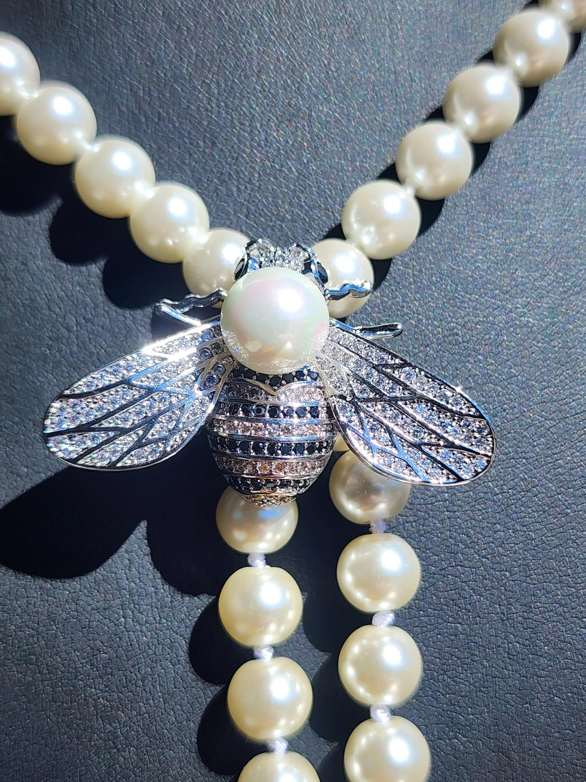 Pearl Necklace with Bumblebee Pendant | Statement Bee Lariat | Couture Inspired