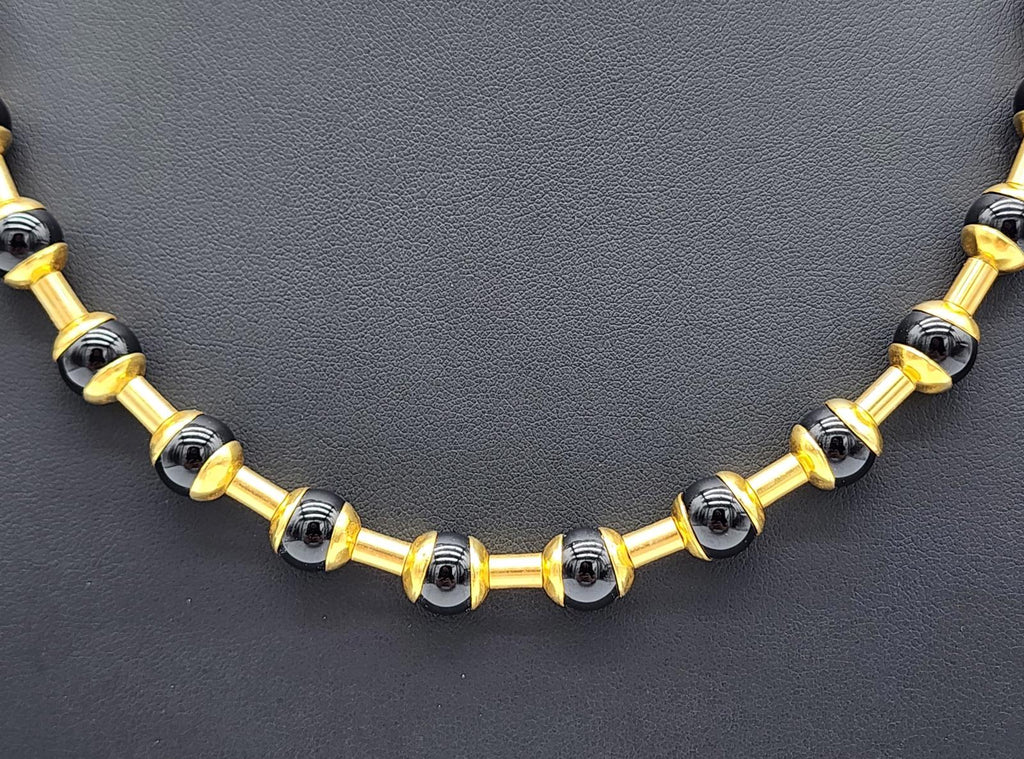 Vintage MMA Met Museum Gold Tone Black Onyx or Glass Bead Necklace Ancient Style