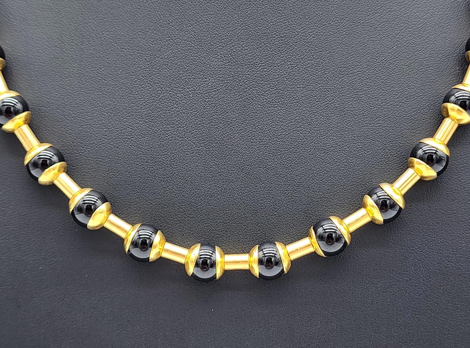 Vintage MMA Met Museum Gold Tone Black Onyx or Glass Bead Necklace Ancient Style