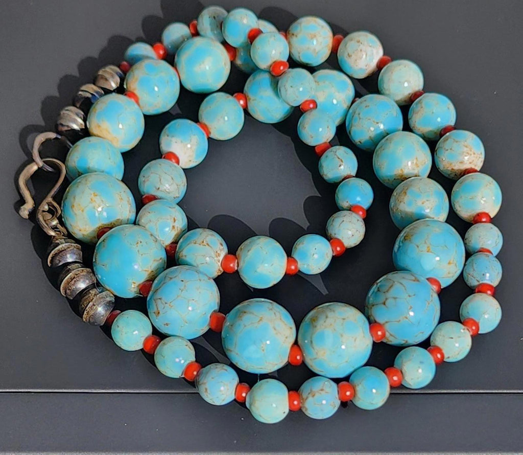 Antique Hubbell Glass Turquoise Bead Necklace | Czech Trade Beads | Coral | Handmade Silver Clasp | Navajo Old Pawn Southwest | Early 1900s