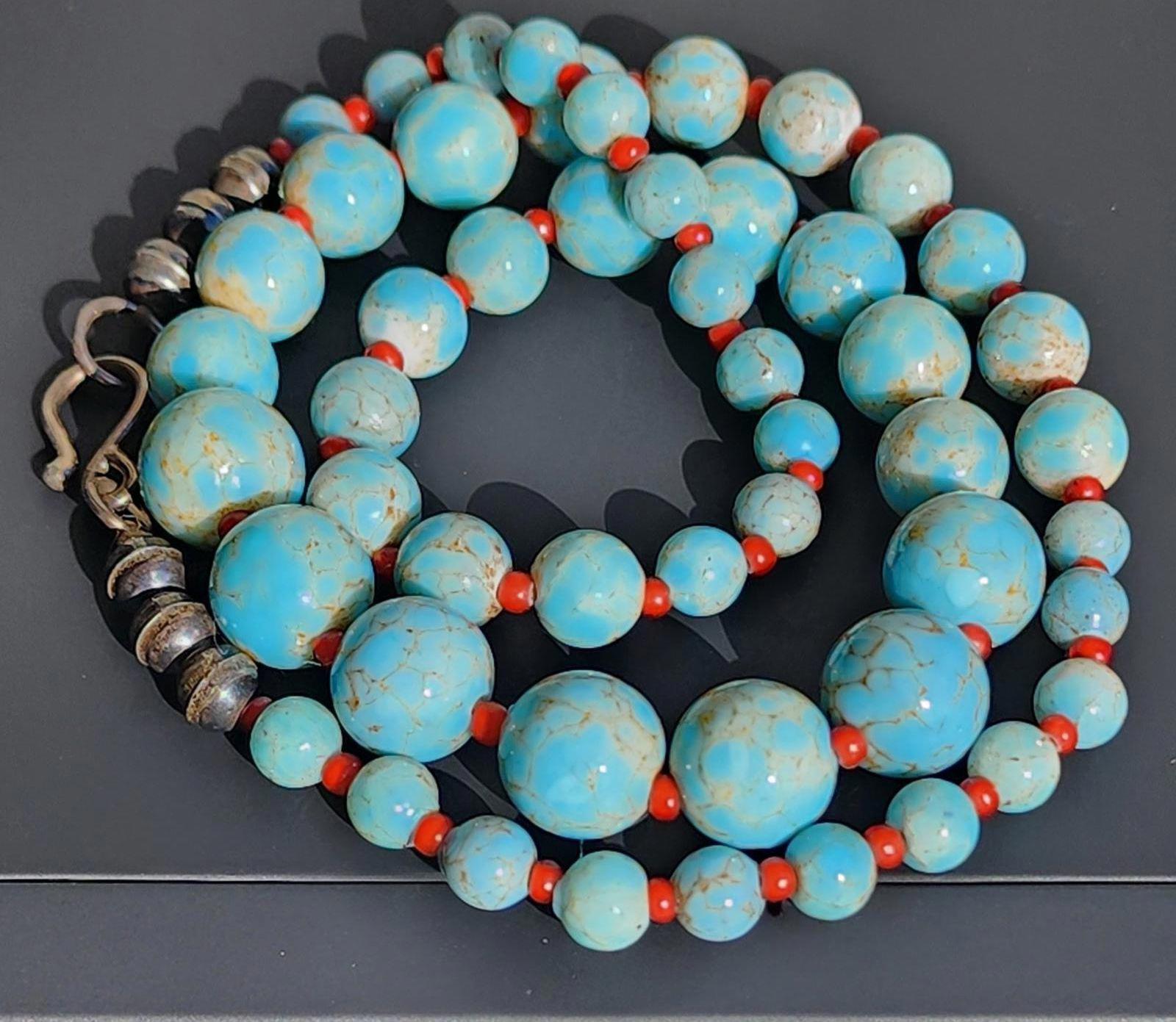 Antique Hubbell Glass Turquoise Bead Necklace | Czech Trade Beads | Coral | Handmade Silver Clasp | Navajo Old Pawn Southwest | Early 1900s
