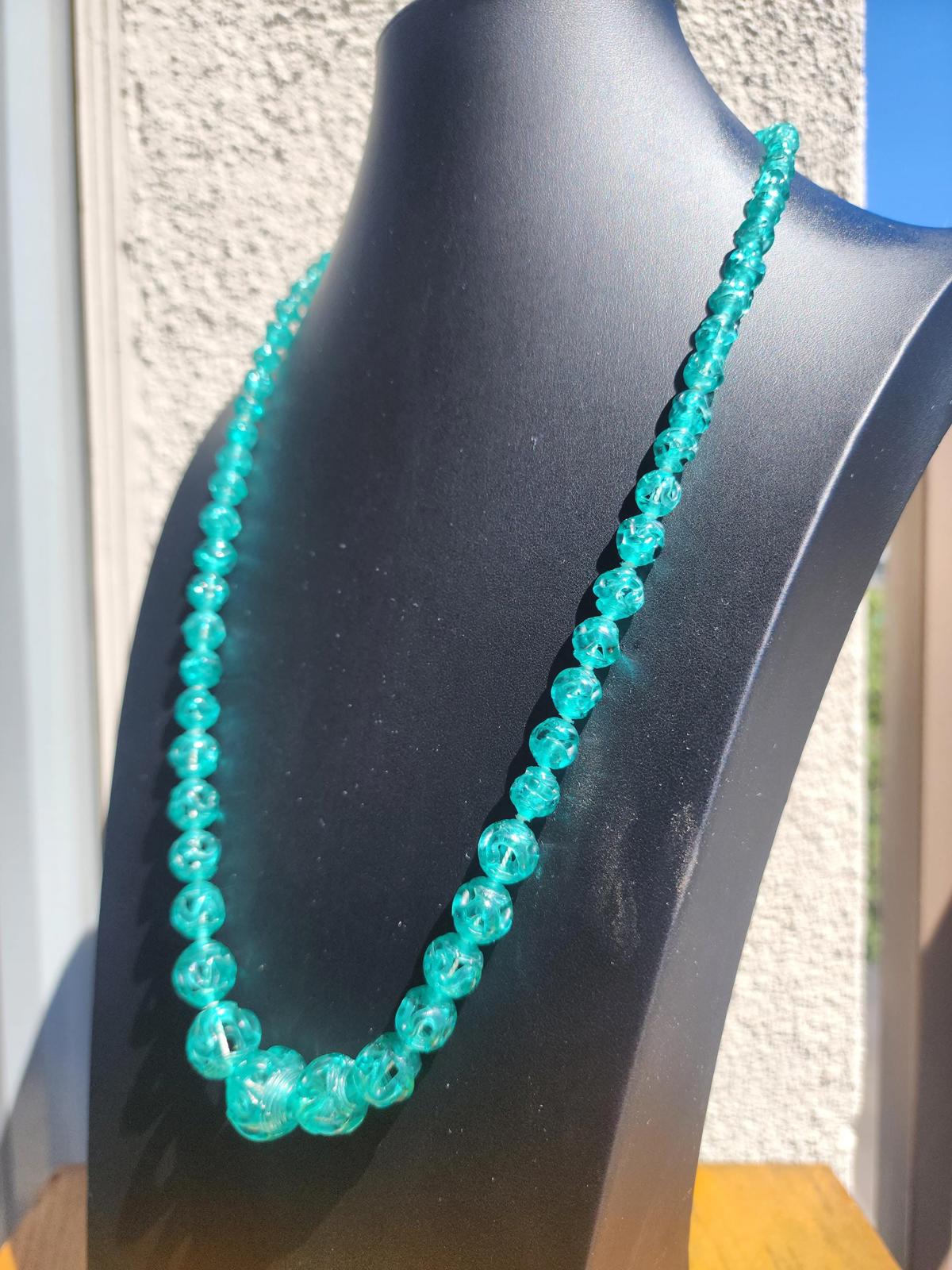 Vintage Carved Turquoise Glass Bead Necklace: 28" Opera Length Statement Jewelry