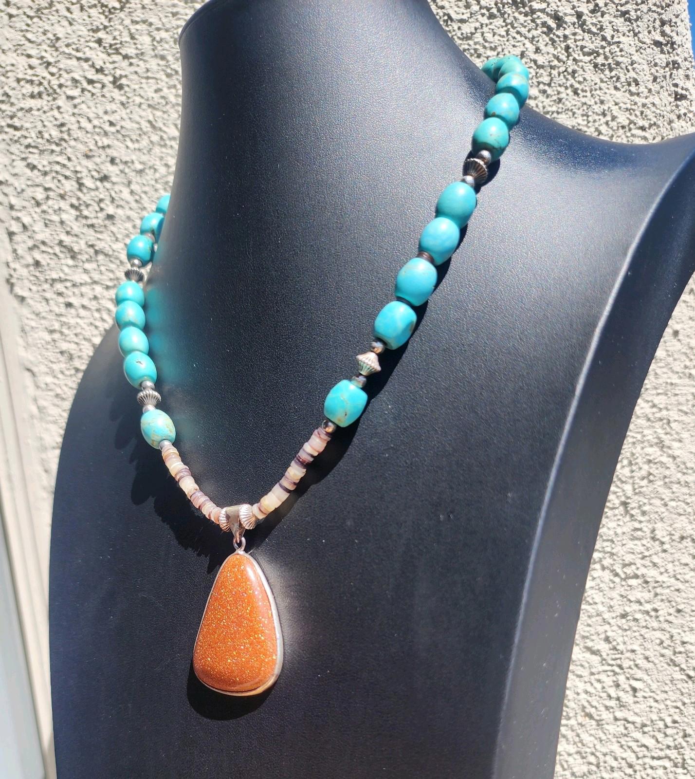Genuine Turquoise Necklace | Goldstone Pendant | Southwest/Native American Style