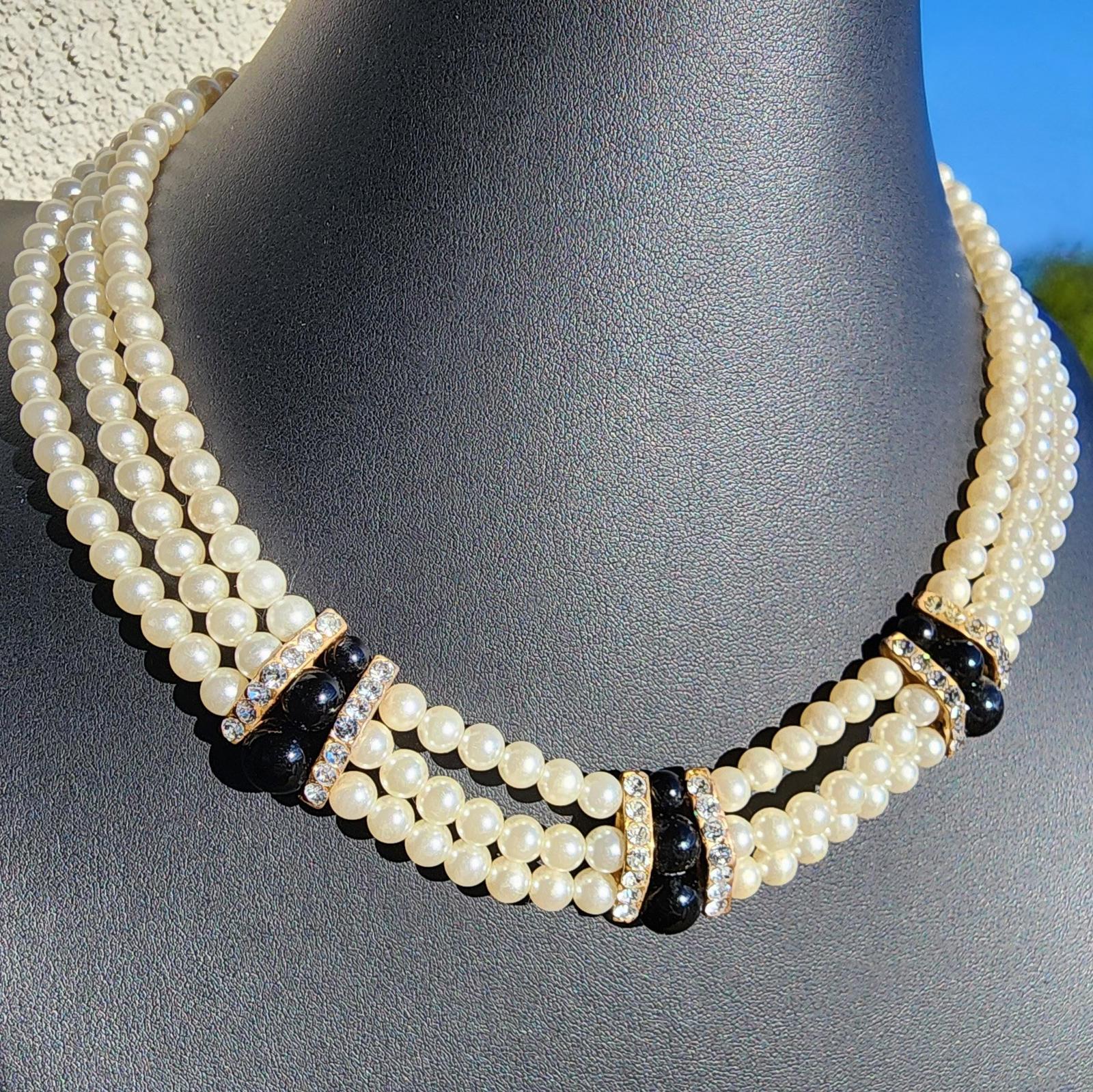 Vintage 3 Strand Pearl Necklace | Mid-Century Black Cabochon & Rhinestone Choker