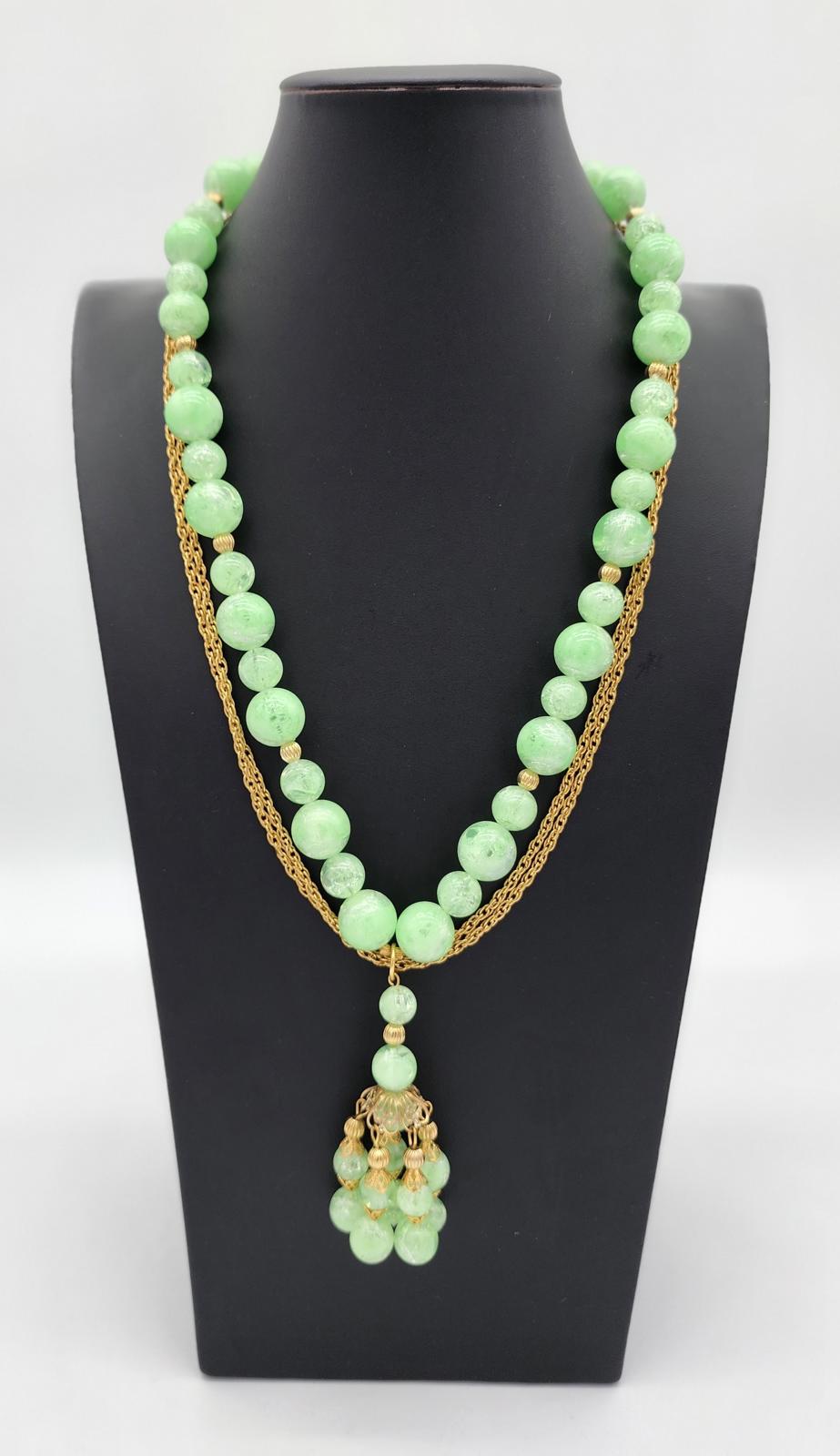 Lucite Peking Glass Style Jade Green & Gold Tone Necklace Lavalier Pendant