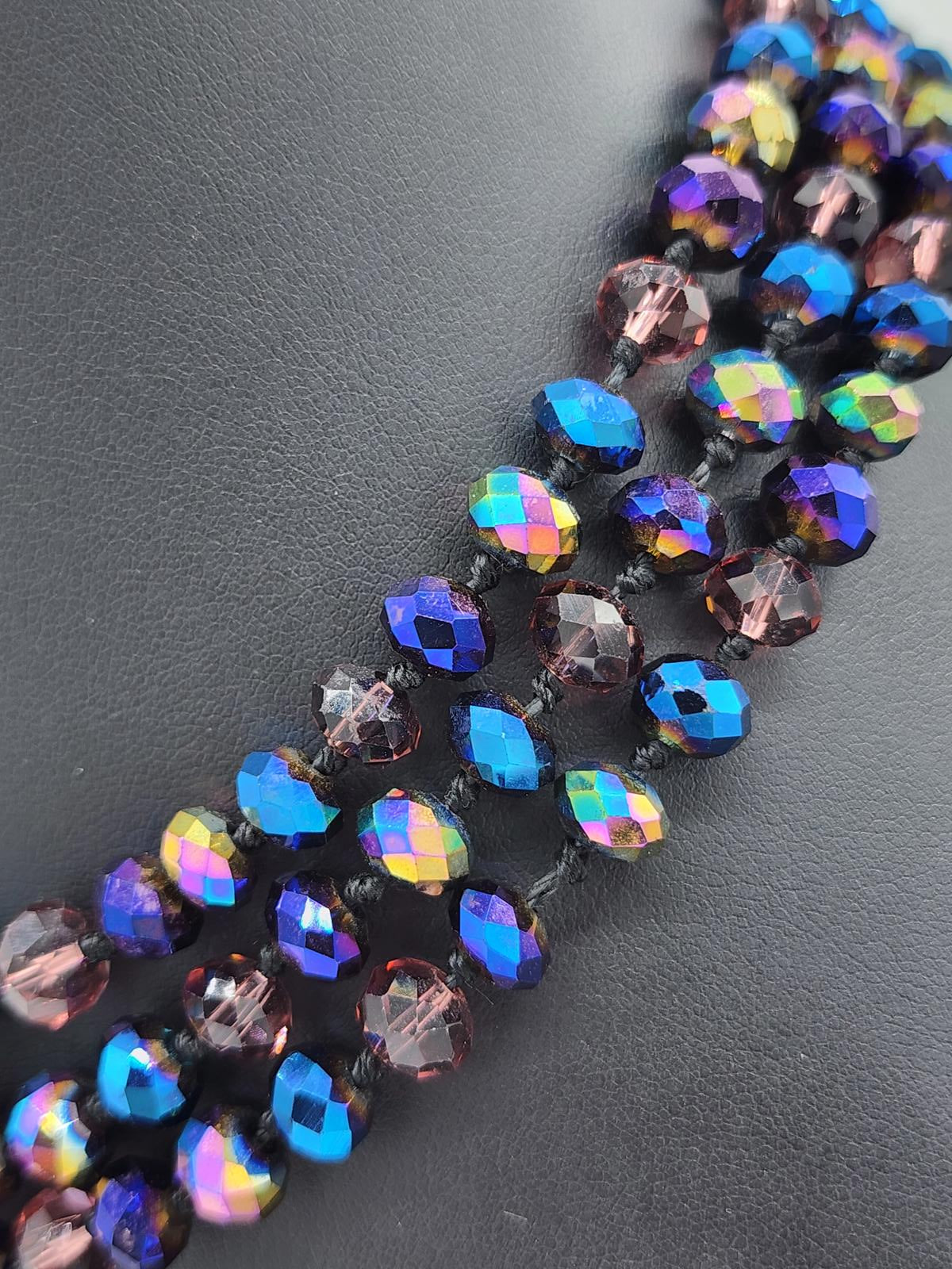 Vintage AB Glass Bead Necklace | Hand-Knotted Purple Blue Czech Style 26"