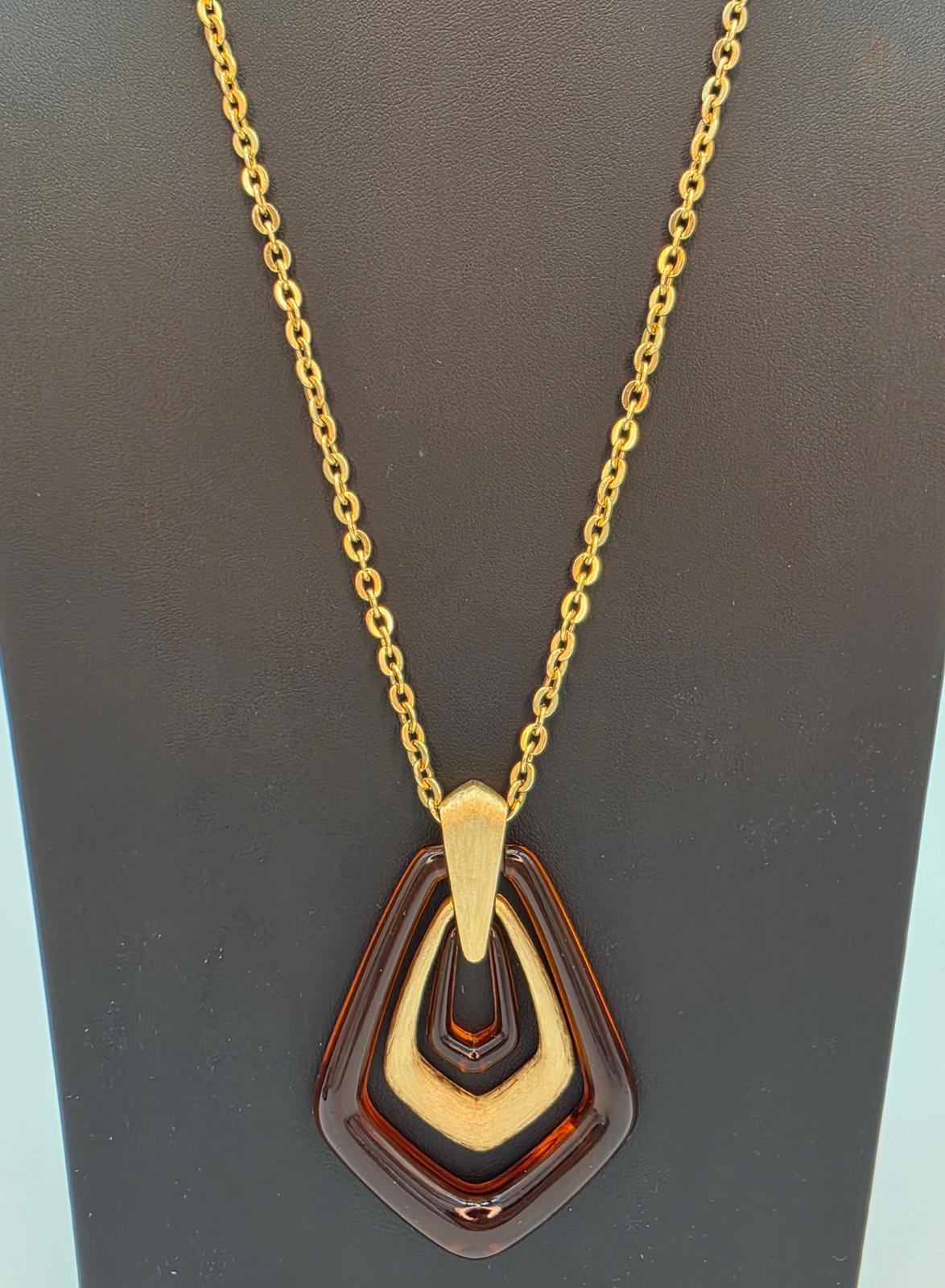 Vtg Avon Tortoiseshell Lucite Necklace 1970 Gold Tone Geometric Pendants & Chain