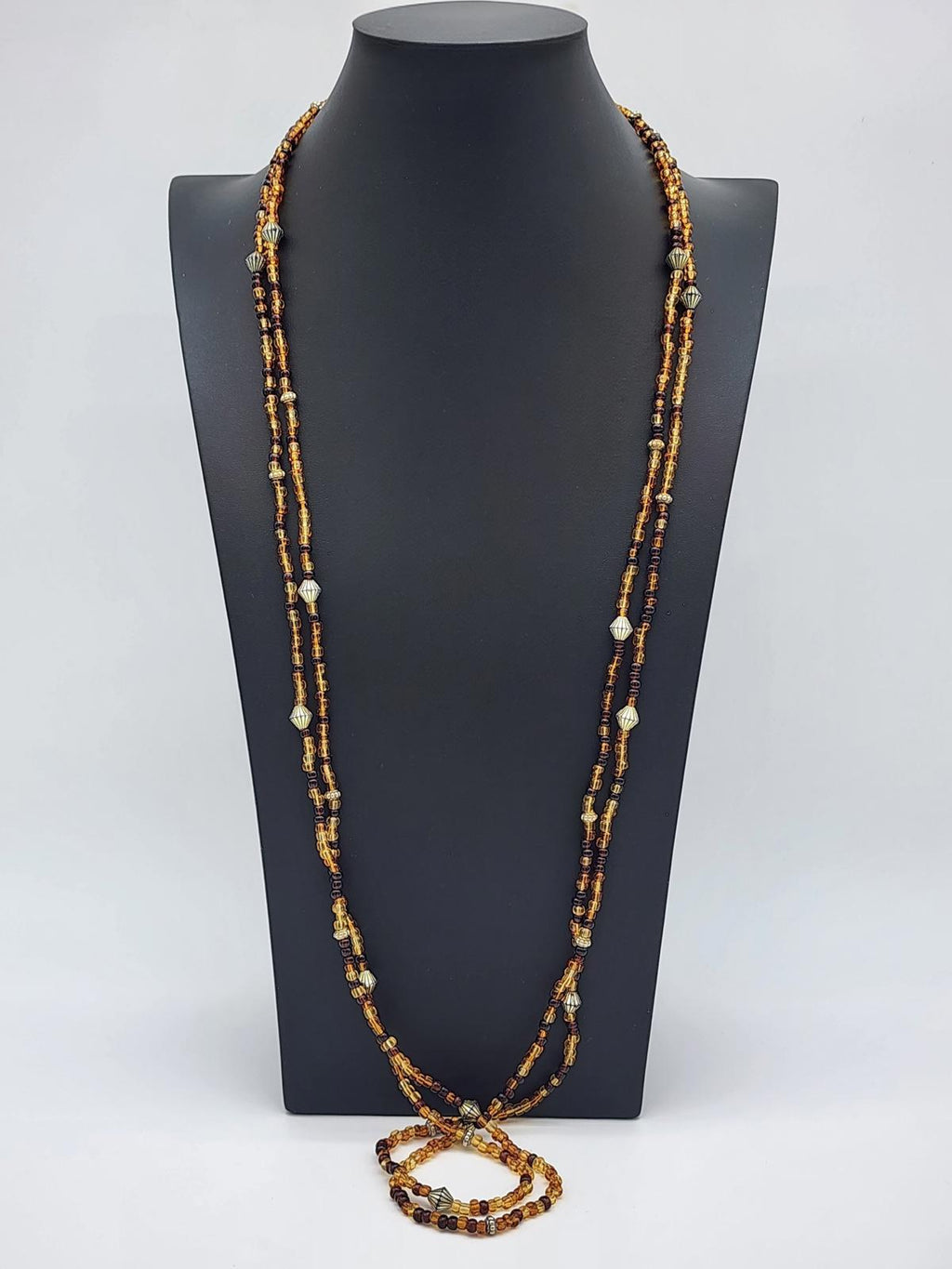 Amber Glass Necklace 41" Cognac Honey Multistrand Opera Length Beads Boho