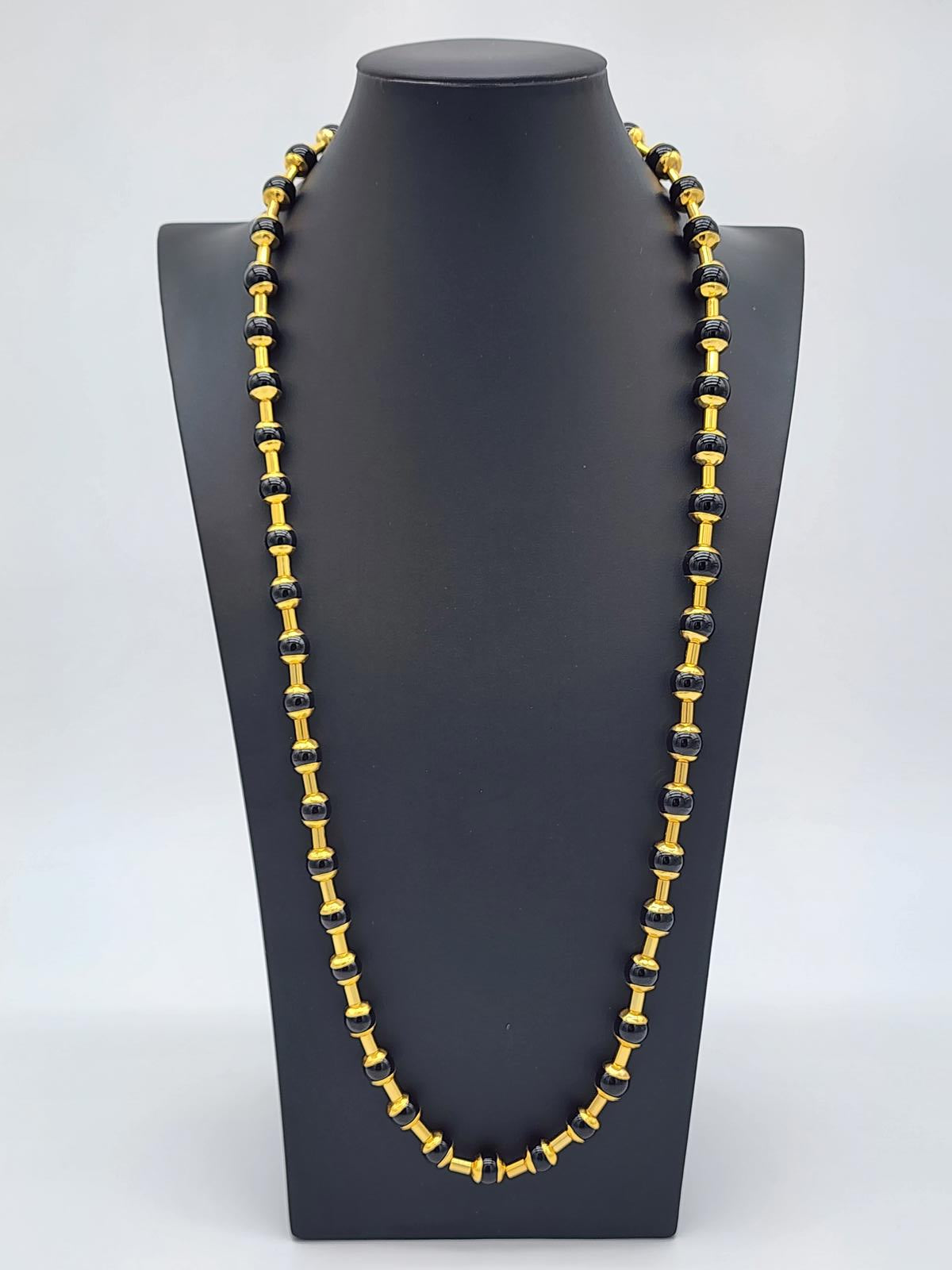 Vintage MMA Met Museum Gold Tone Black Onyx or Glass Bead Necklace Ancient Style