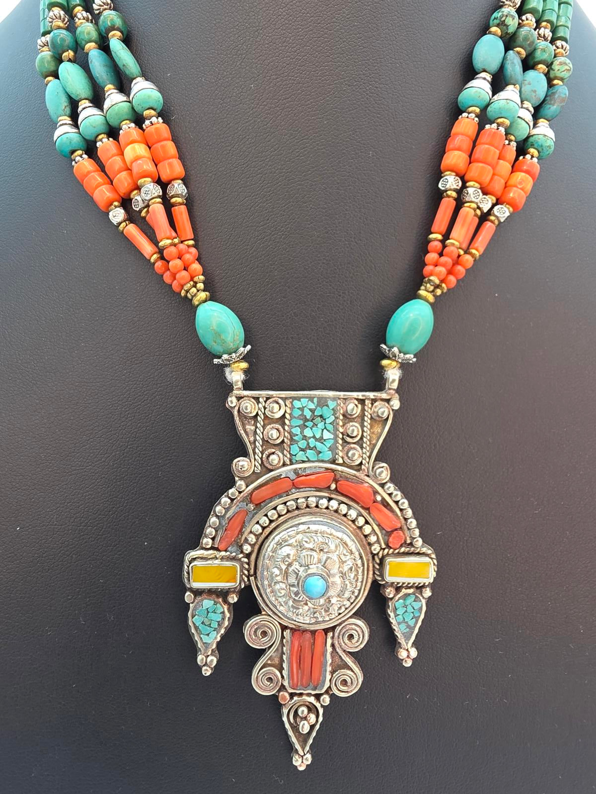 Vintage Tibetan Nepalese Turquoise Coral Silver Pendant Necklace Himalayan