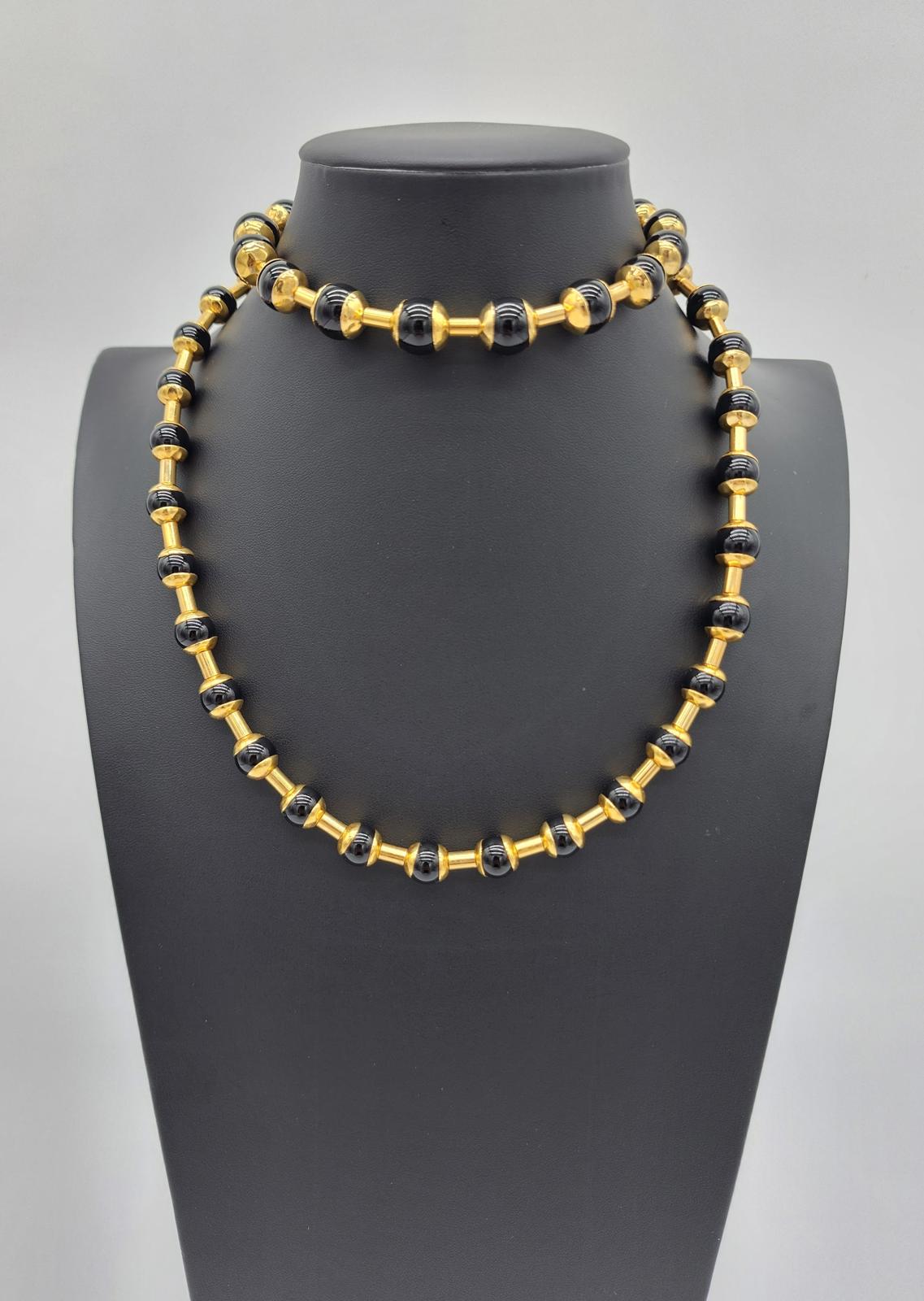 Vintage MMA Met Museum Gold Tone Black Onyx or Glass Bead Necklace Ancient Style