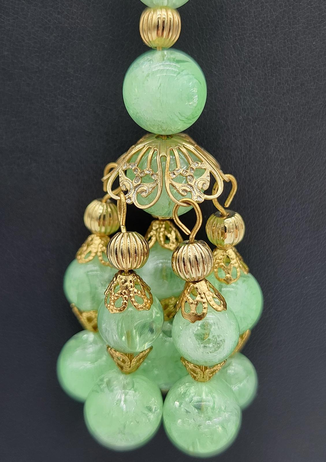 Lucite Peking Glass Style Jade Green & Gold Tone Necklace Lavalier Pendant