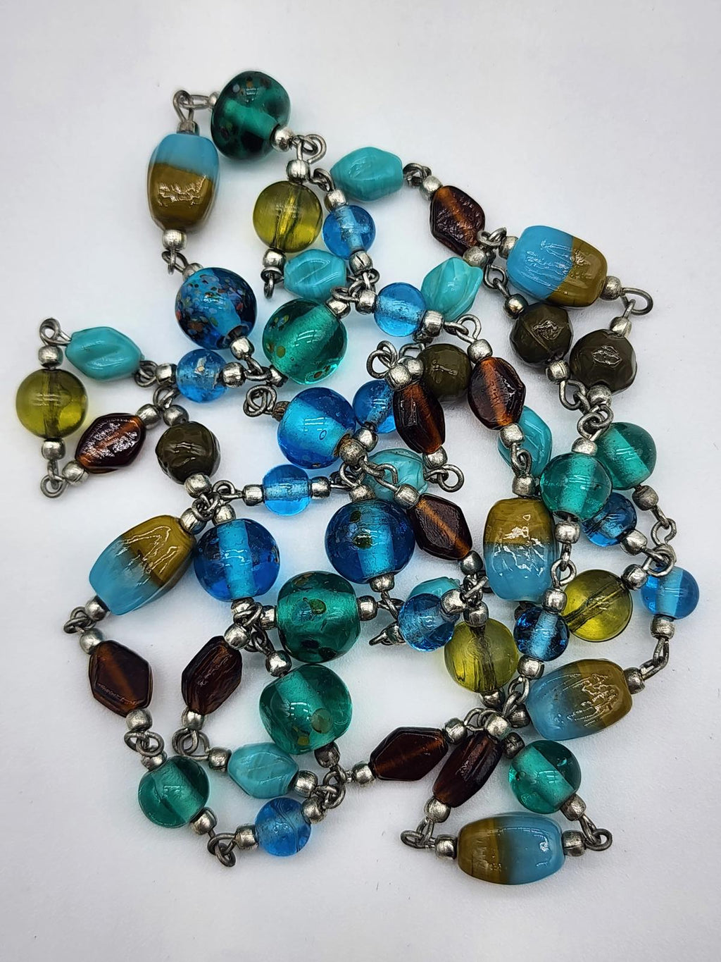Artisan Lampwork Glass Necklace Murano Style Aqua Teal Blue Y2K Frit Beads