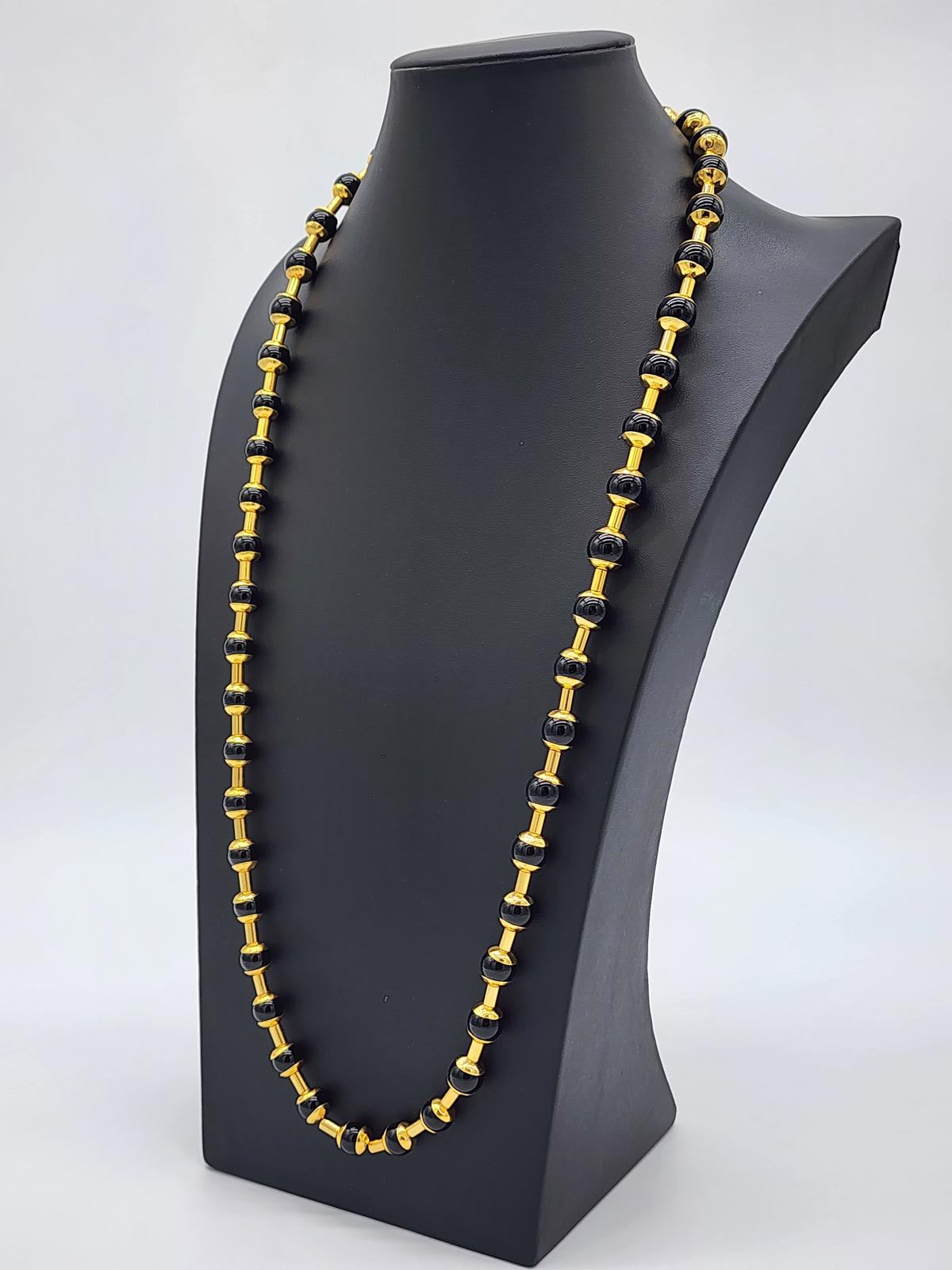 Vintage MMA Met Museum Gold Tone Black Onyx or Glass Bead Necklace Ancient Style