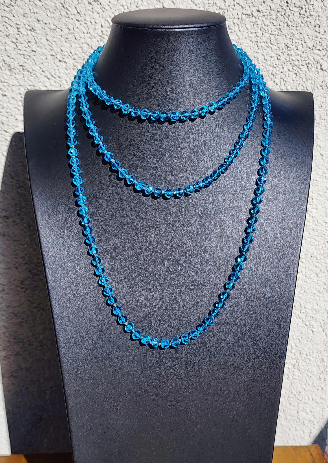 Rare Blue Uranium Glass Necklace 56" Flapper UV Czech 1920s Hand Knotted Beads