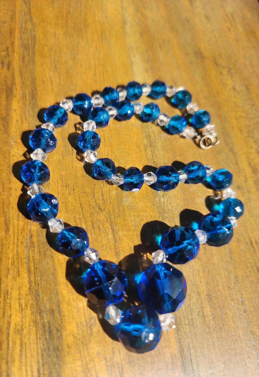 Vintage Cobalt Blue Uranium Czech Glass Necklace: Czechoslovakia Marked Clasp