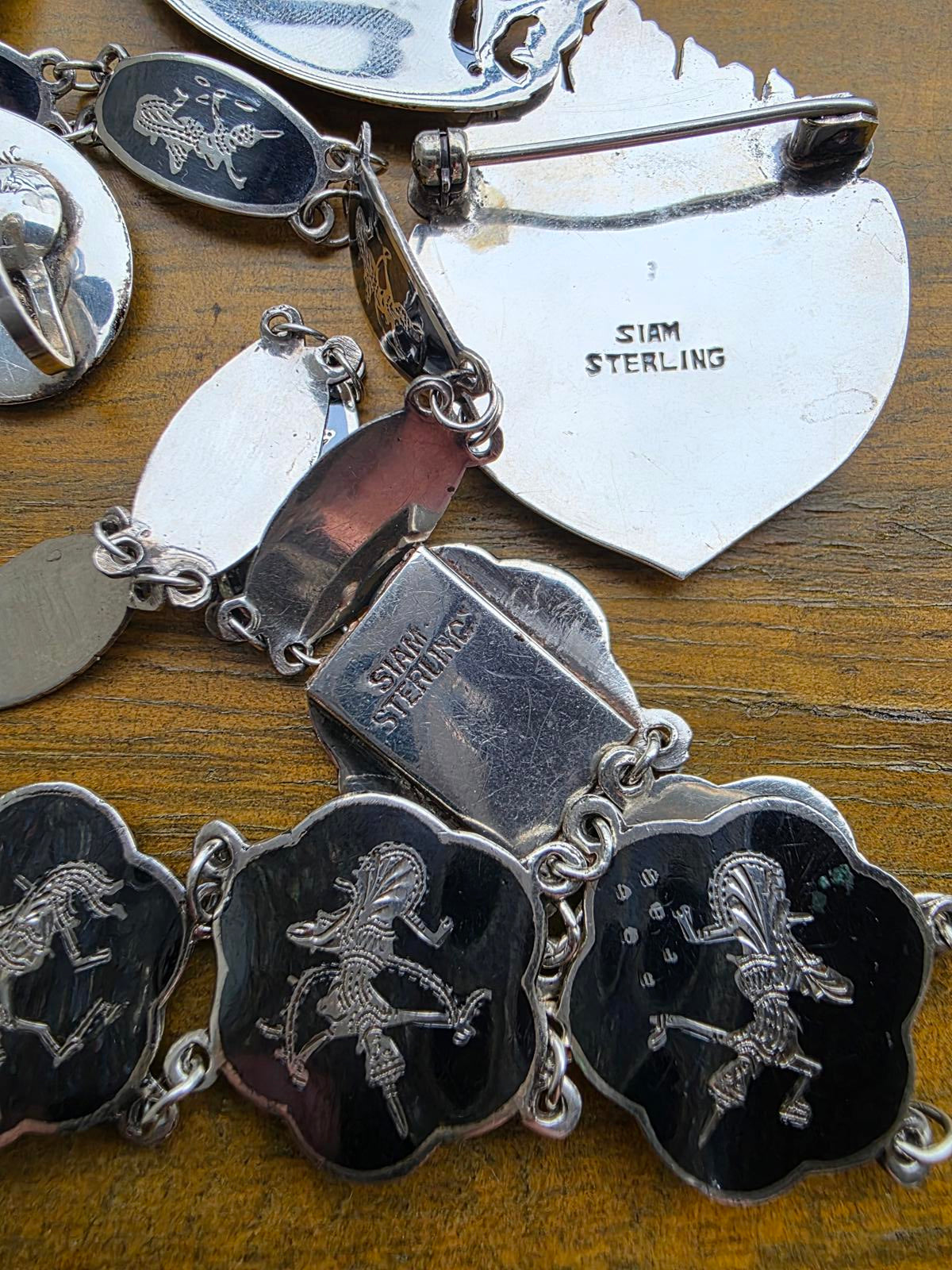 Vintage Siam Sterling Silver Niello Set 7pc 60g Thai Dancers Bracelets Pins