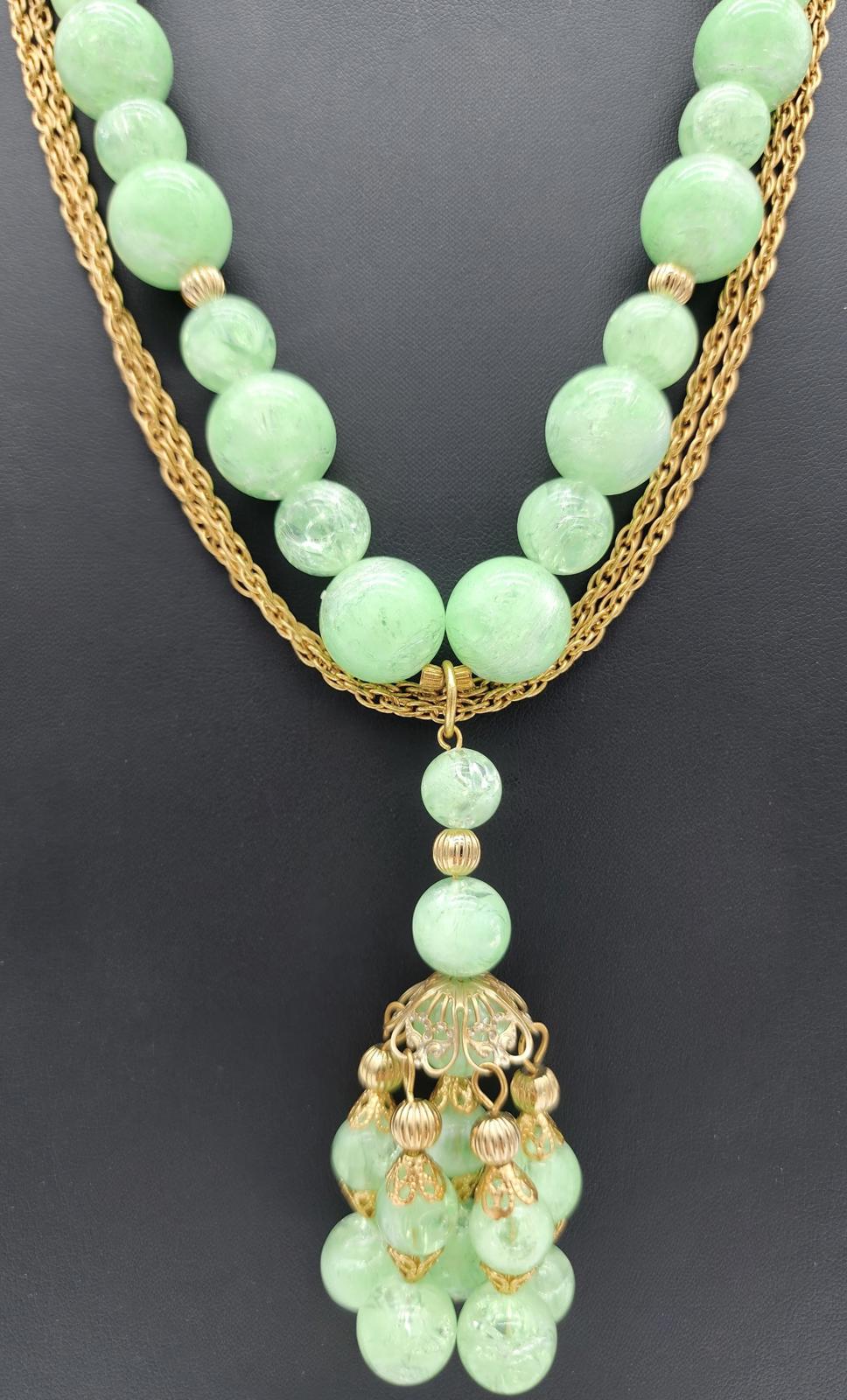 Lucite Peking Glass Style Jade Green & Gold Tone Necklace Lavalier Pendant