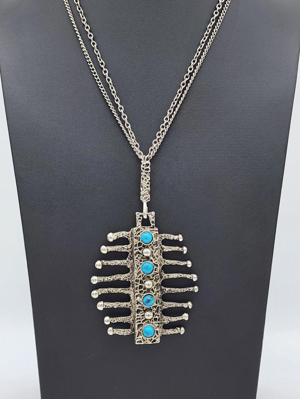 Vintage HMS Madeira Brutalist “Drippy” Pewter & Turquoise Pendant Necklace 1960s