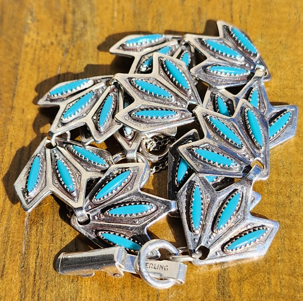 Vintage Zuni Sterling Turquoise Inlay Leaf Link Bracelet Genuine Navajo Silver
