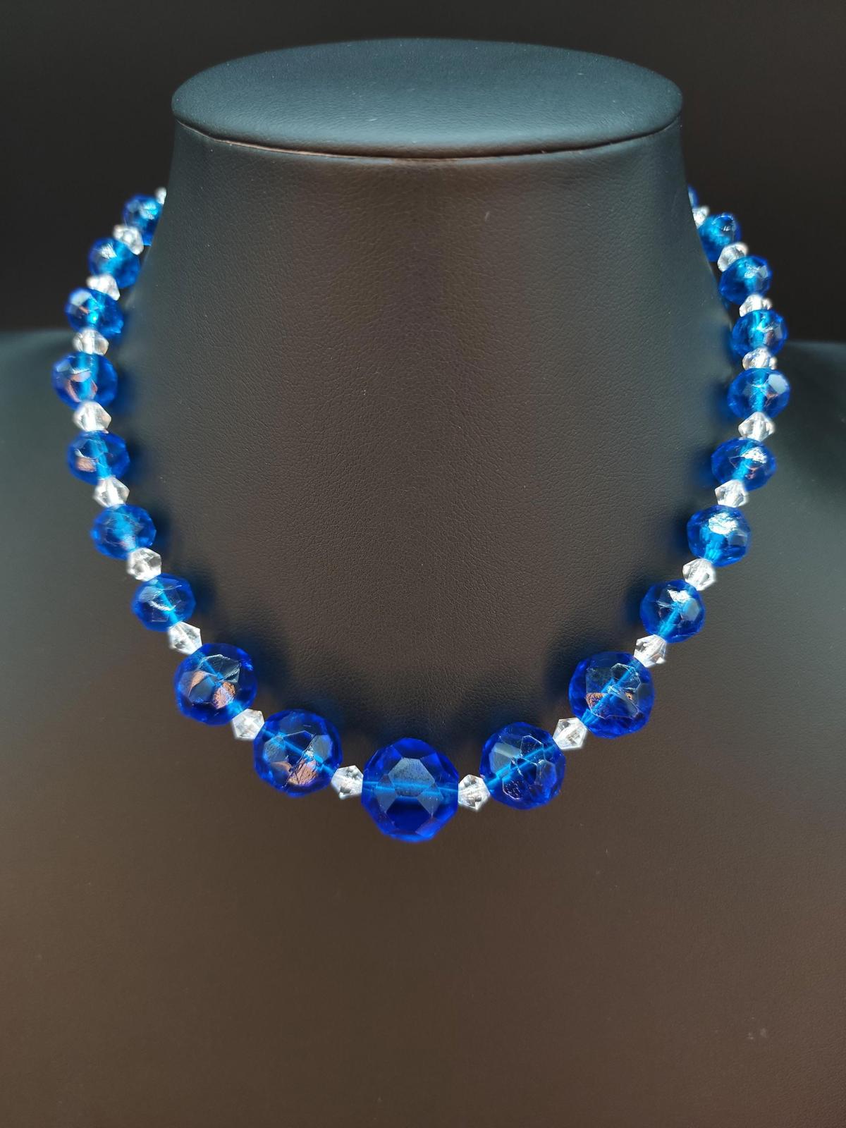 Vintage Cobalt Blue Uranium Czech Glass Necklace: Czechoslovakia Marked Clasp