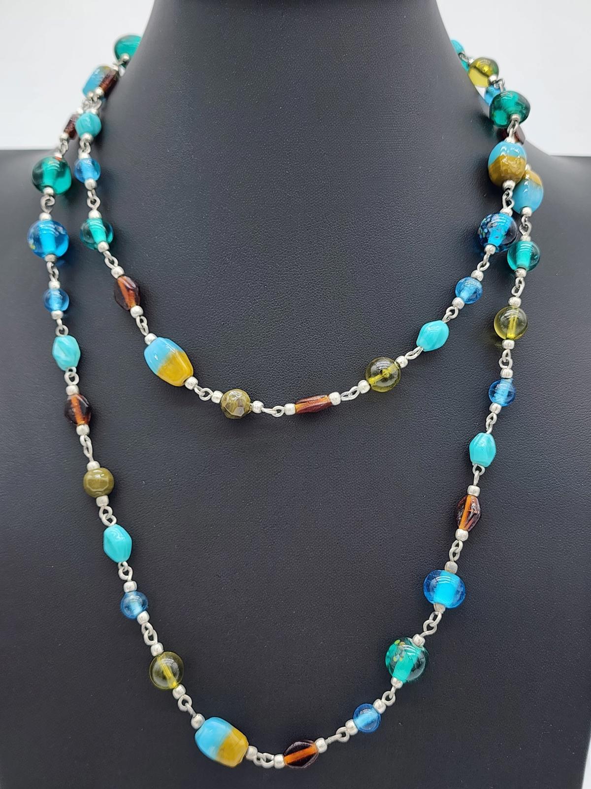 Artisan Lampwork Glass Necklace Murano Style Aqua Teal Blue Y2K Frit Beads
