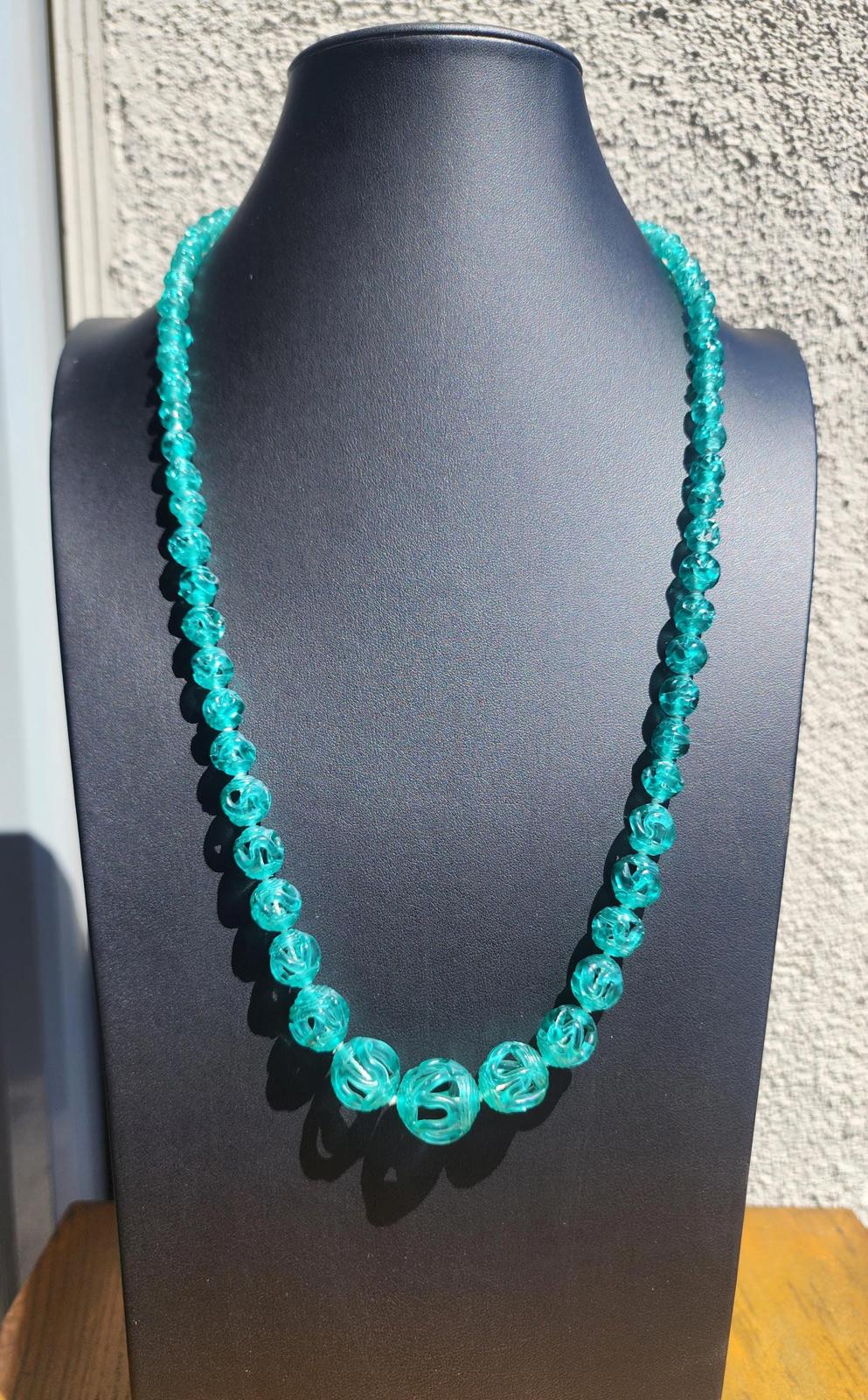 Vintage Carved Turquoise Glass Bead Necklace: 28" Opera Length Statement Jewelry