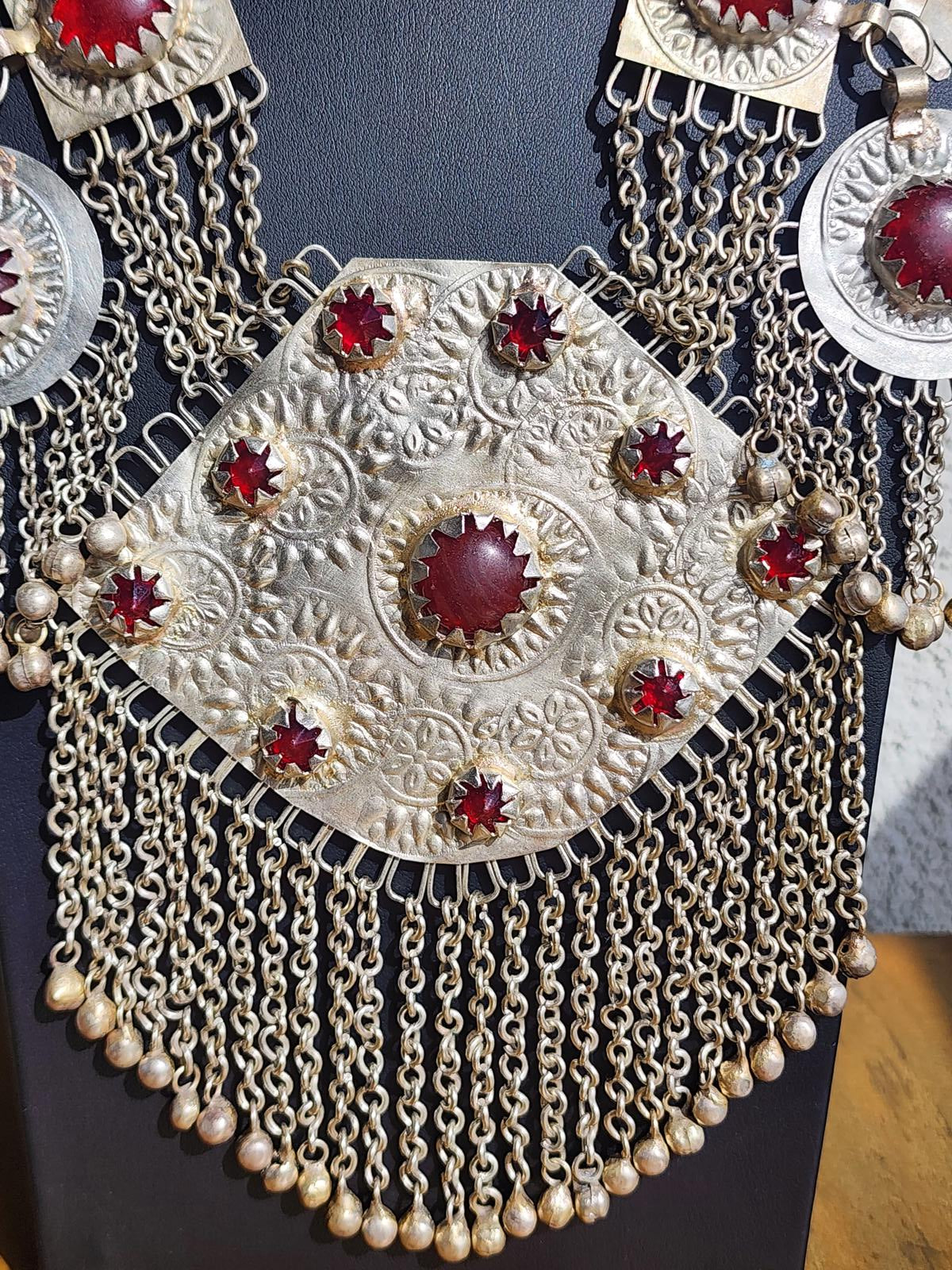 Vintage Turkmen Tribal Silver Carnelian Necklace 344g 11 Pendants Afghan Kuchi