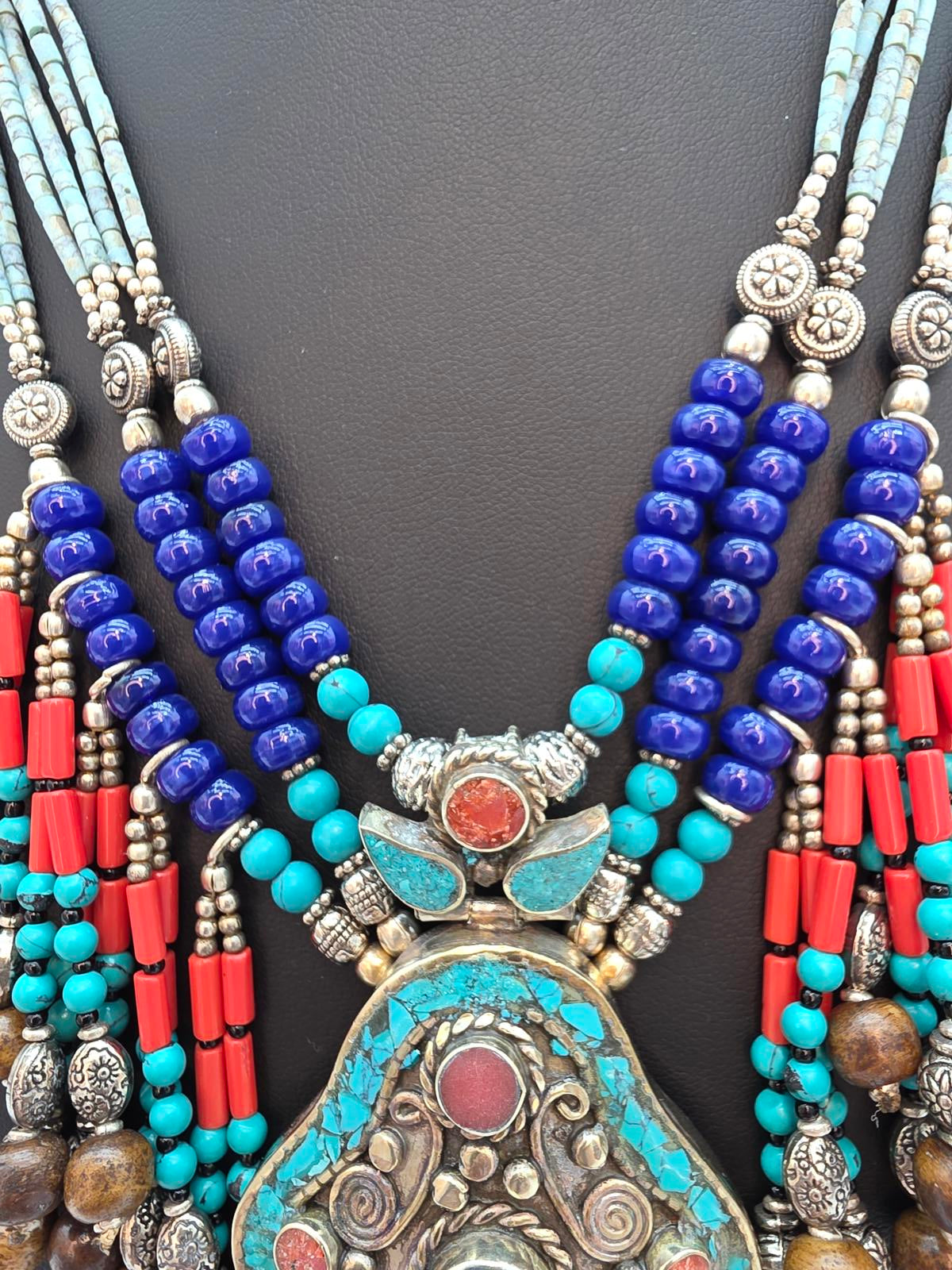 Vintage Tibetan Turquoise Coral Lapis Lazuli Silver Necklace Nepal Pendant