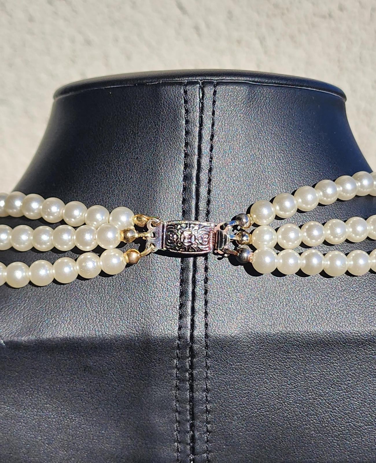 Vintage 3 Strand Pearl Necklace | Mid-Century Black Cabochon & Rhinestone Choker