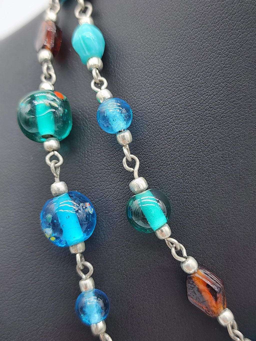 Artisan Lampwork Glass Necklace Murano Style Aqua Teal Blue Y2K Frit Beads