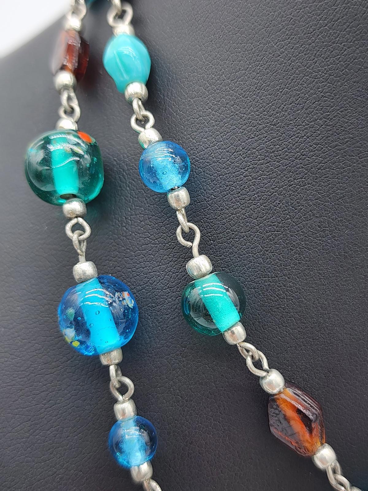 Artisan Lampwork Glass Necklace Murano Style Aqua Teal Blue Y2K Frit Beads