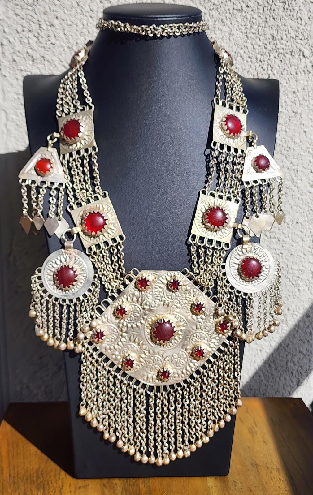 Vintage Turkmen Tribal Silver Carnelian Necklace 344g 11 Pendants Afghan Kuchi