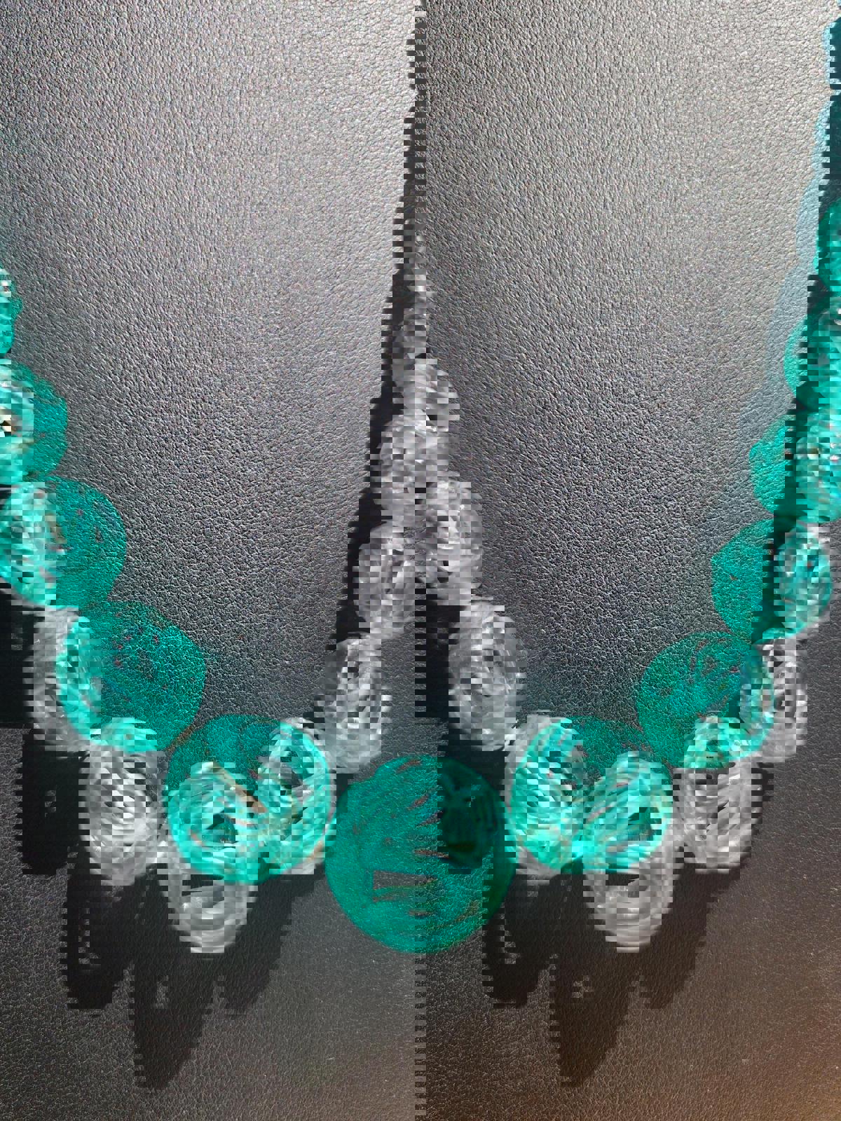 Vintage Carved Turquoise Glass Bead Necklace: 28" Opera Length Statement Jewelry