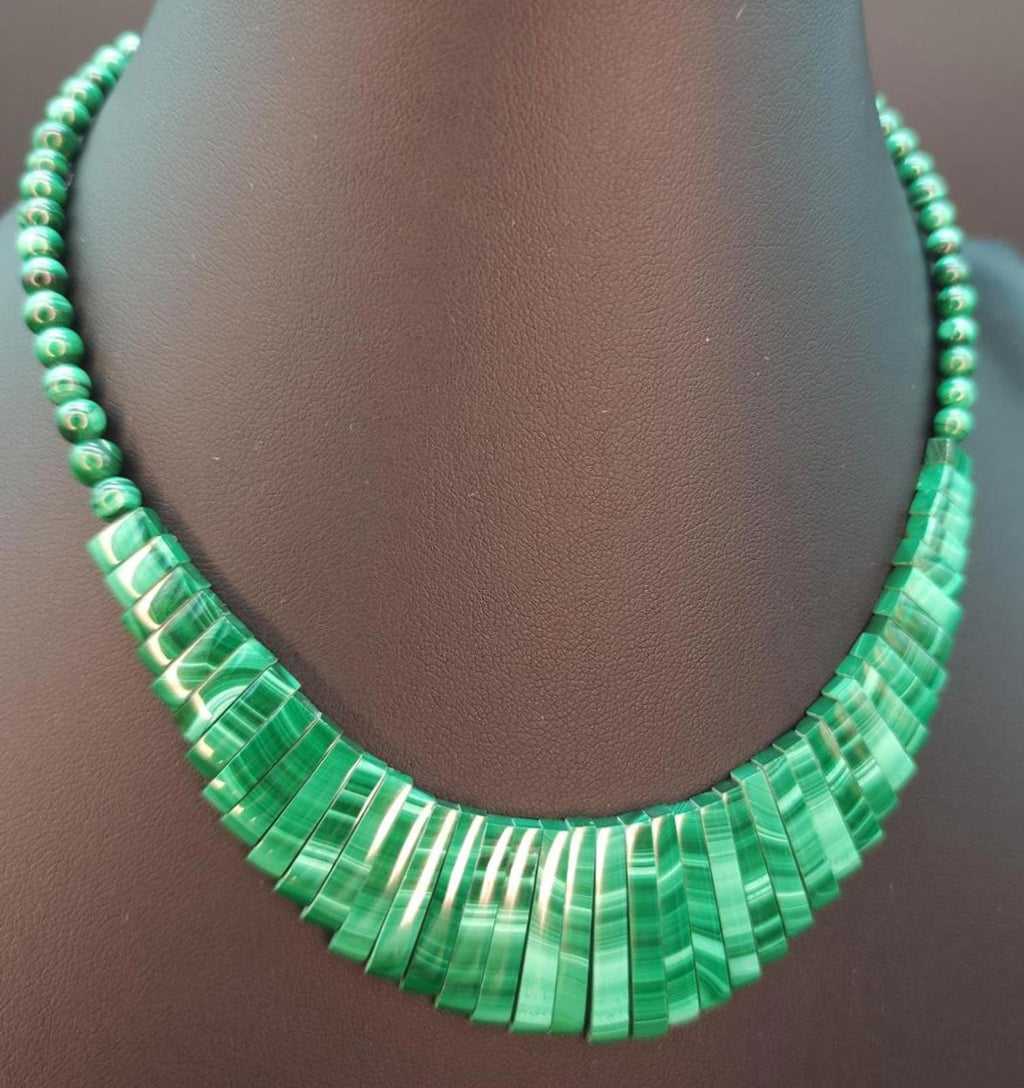 Vintage Malachite Cleopatra Necklace 14K Gold Clasp Real Banded Green Gemstone