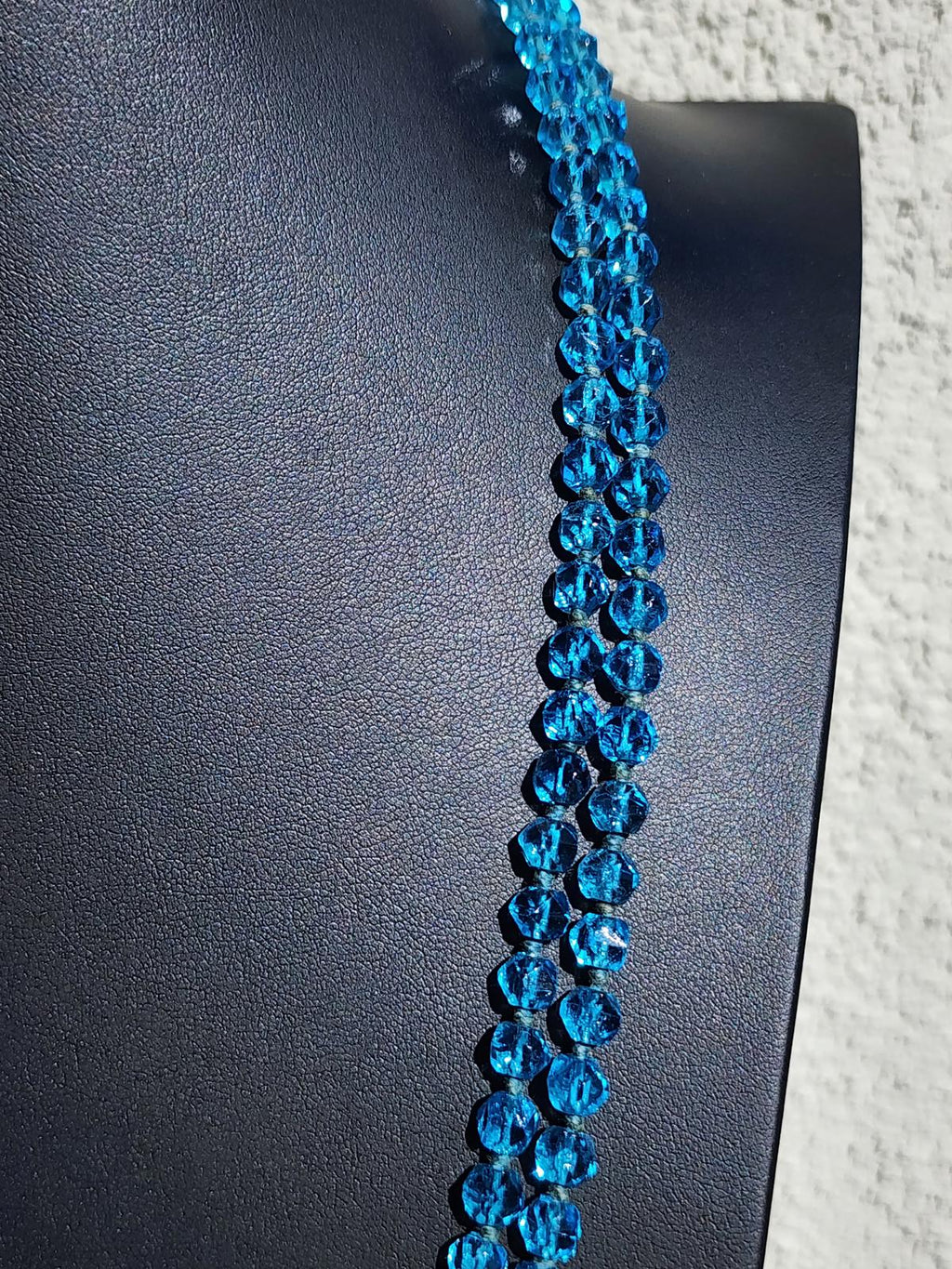 Rare Blue Uranium Glass Necklace 56" Flapper UV Czech 1920s Hand Knotted Beads