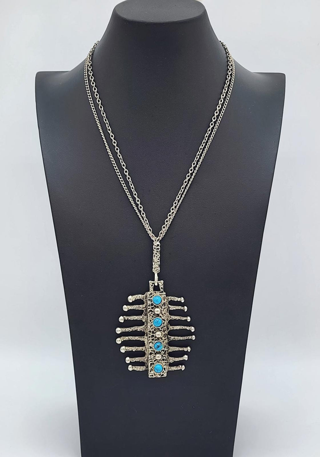Vintage HMS Madeira Brutalist “Drippy” Pewter & Turquoise Pendant Necklace 1960s