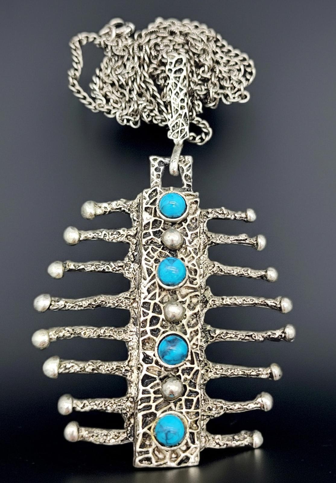Vintage HMS Madeira Brutalist “Drippy” Pewter & Turquoise Pendant Necklace 1960s
