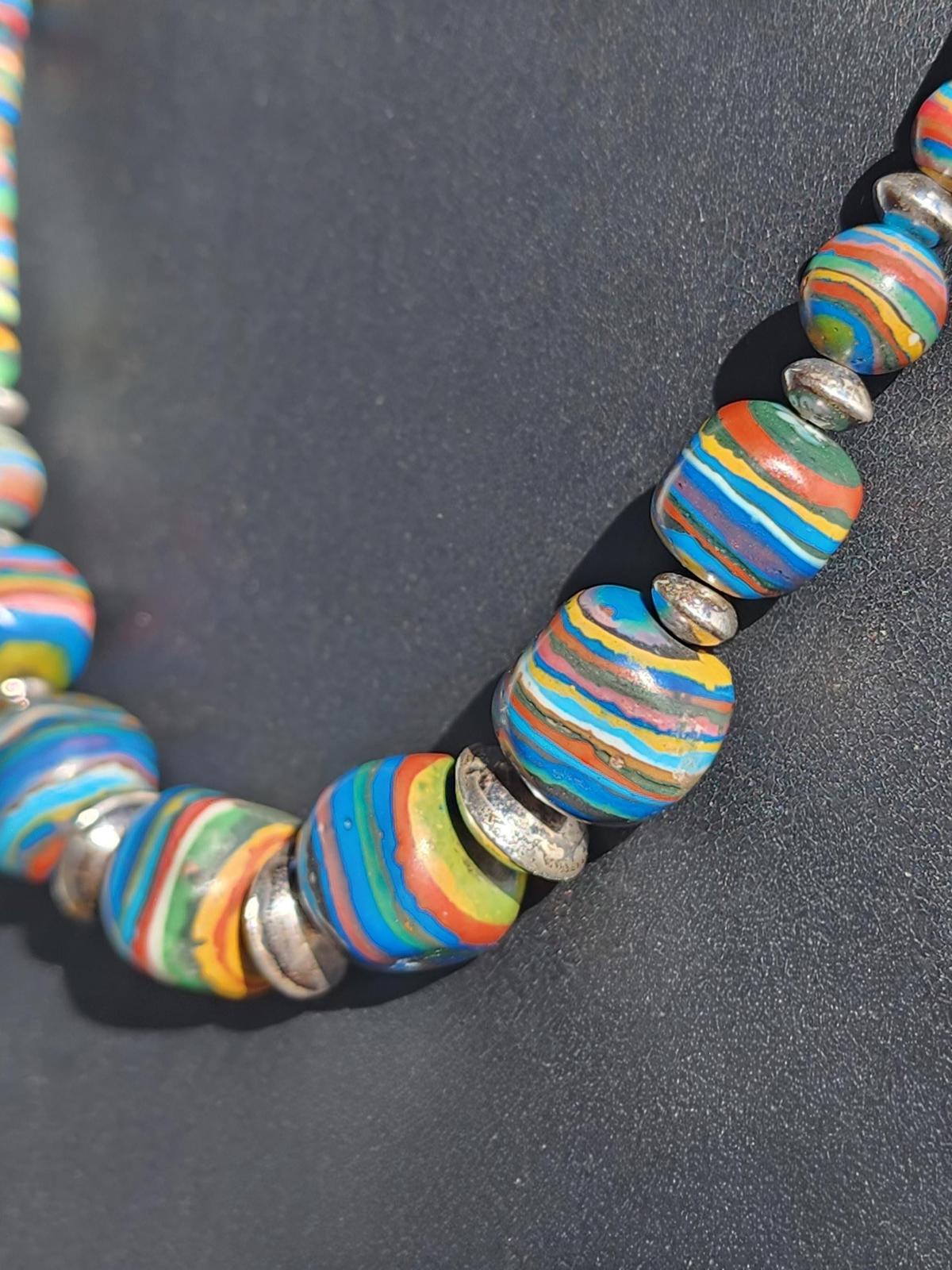 Running Bear Signed Sterling Rainbow Calsilica Bead Necklace Navajo Pearls 22in