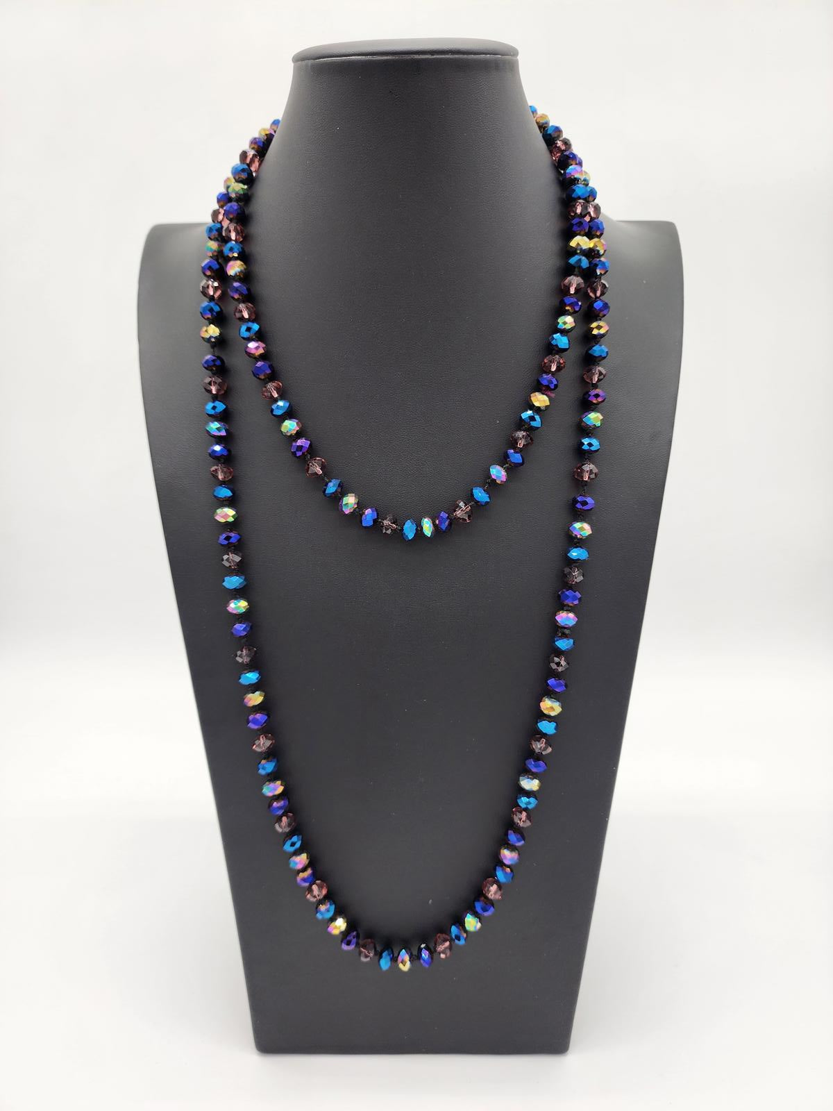 Vintage AB Glass Bead Necklace | Hand-Knotted Purple Blue Czech Style 26"